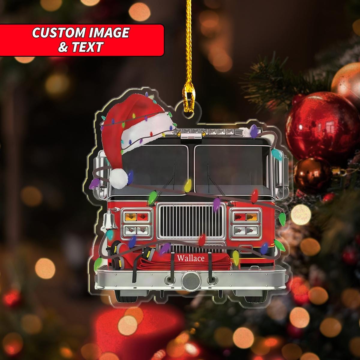 Personalized Fire Truck Santa Hat Christmas Ornament, Fire Truck With Christmas Light Christmas Ornament, Custom Name Acrylic Ornament ORNO5