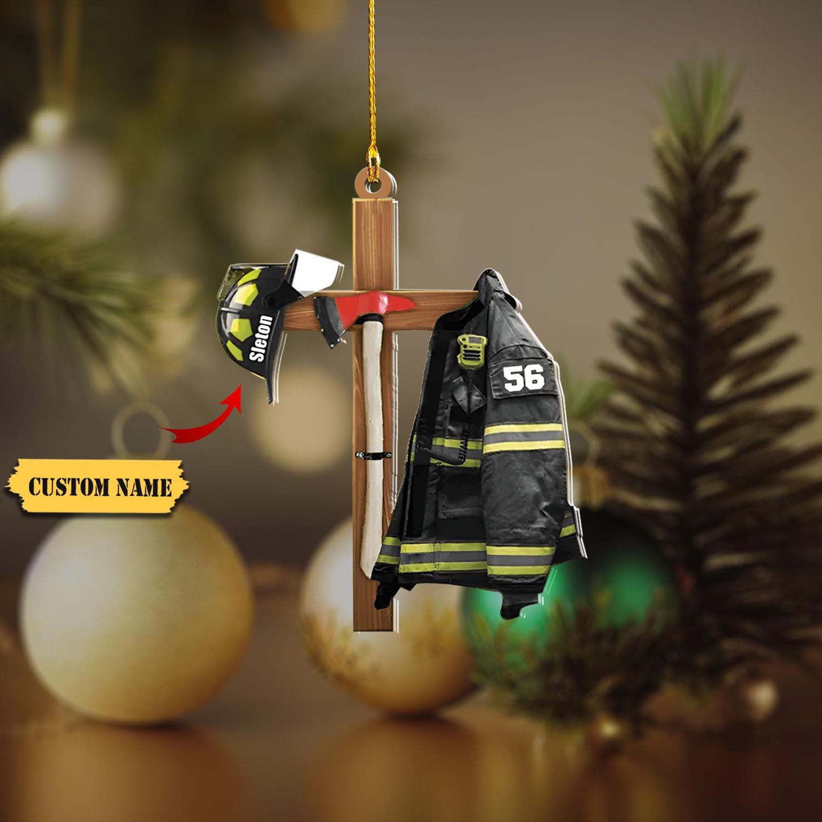 Personalized Firefighter Ornament 2D, Firefighter Cross Armor Two Sided, US Flag Firefighter Ornament, Custom Acrylic Car Ornament HAOR0711