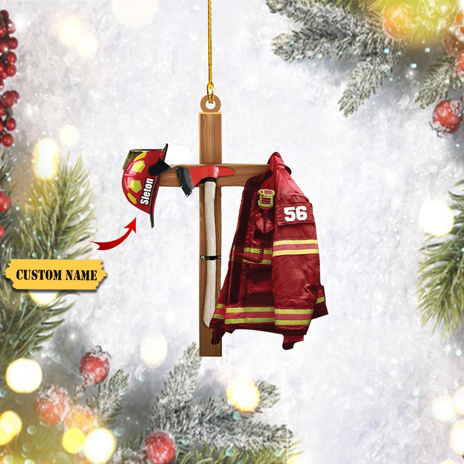 Personalized Firefighter Ornament 2D, Firefighter Cross Armor Two Sided, US Flag Firefighter Ornament, Custom Acrylic Car Ornament HAOR0711