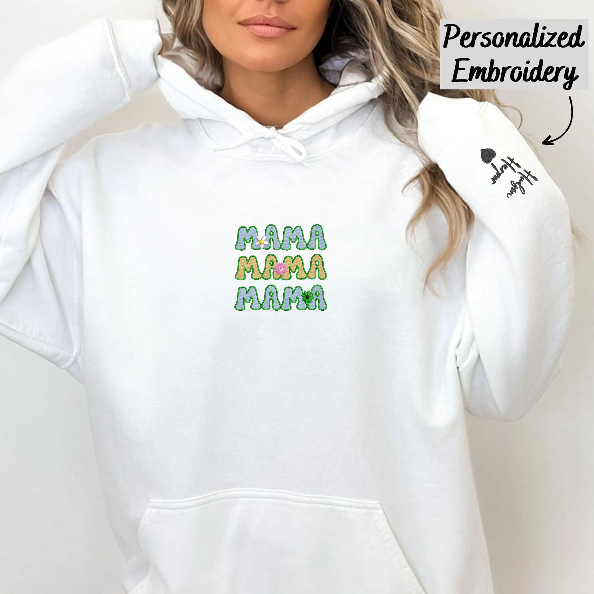 Personalized Floral Mama Embroidery Hoodie, Customized Hoodie With Initial On Sleeve EM3