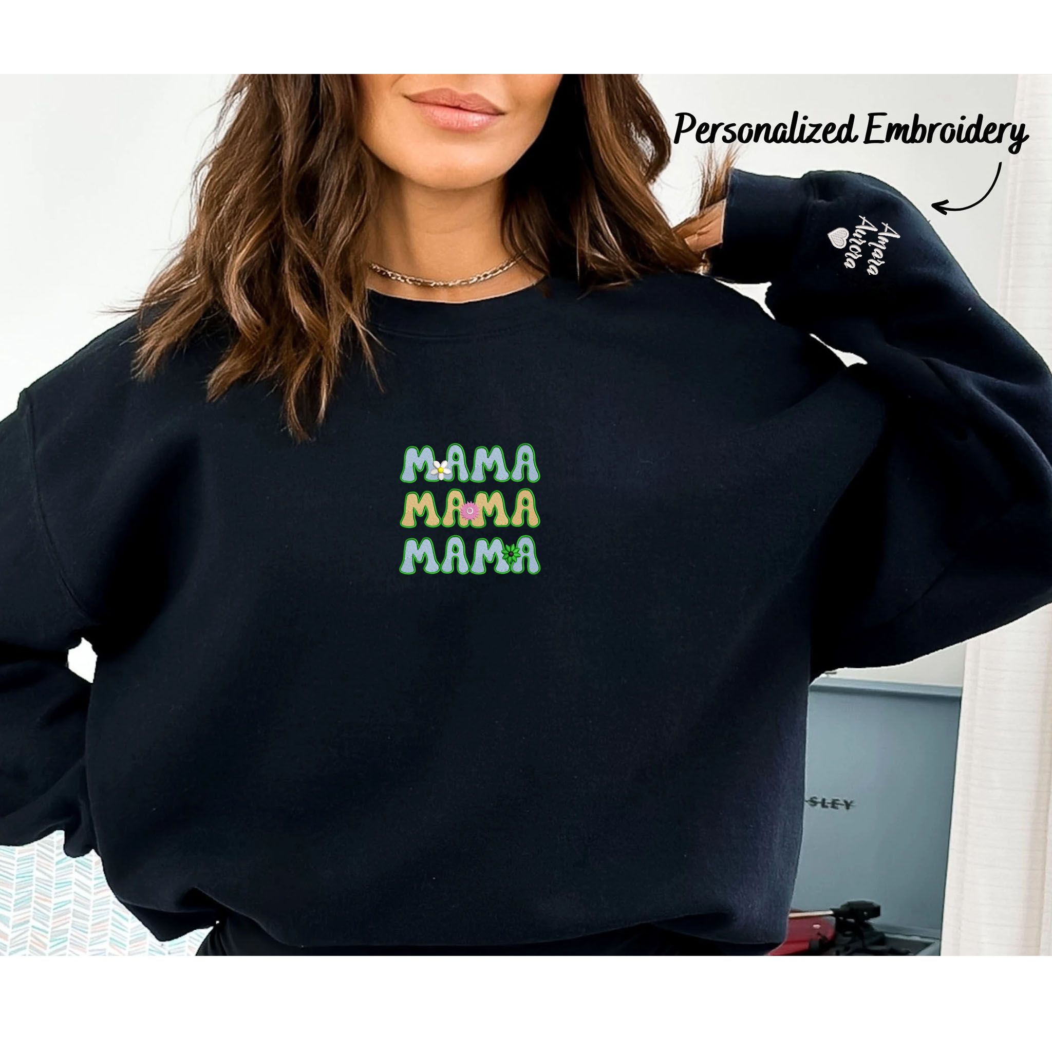 Personalized Floral Mama Embroidery Sweatshirt, Customized Crewneck With Initial On Sleeve EM3