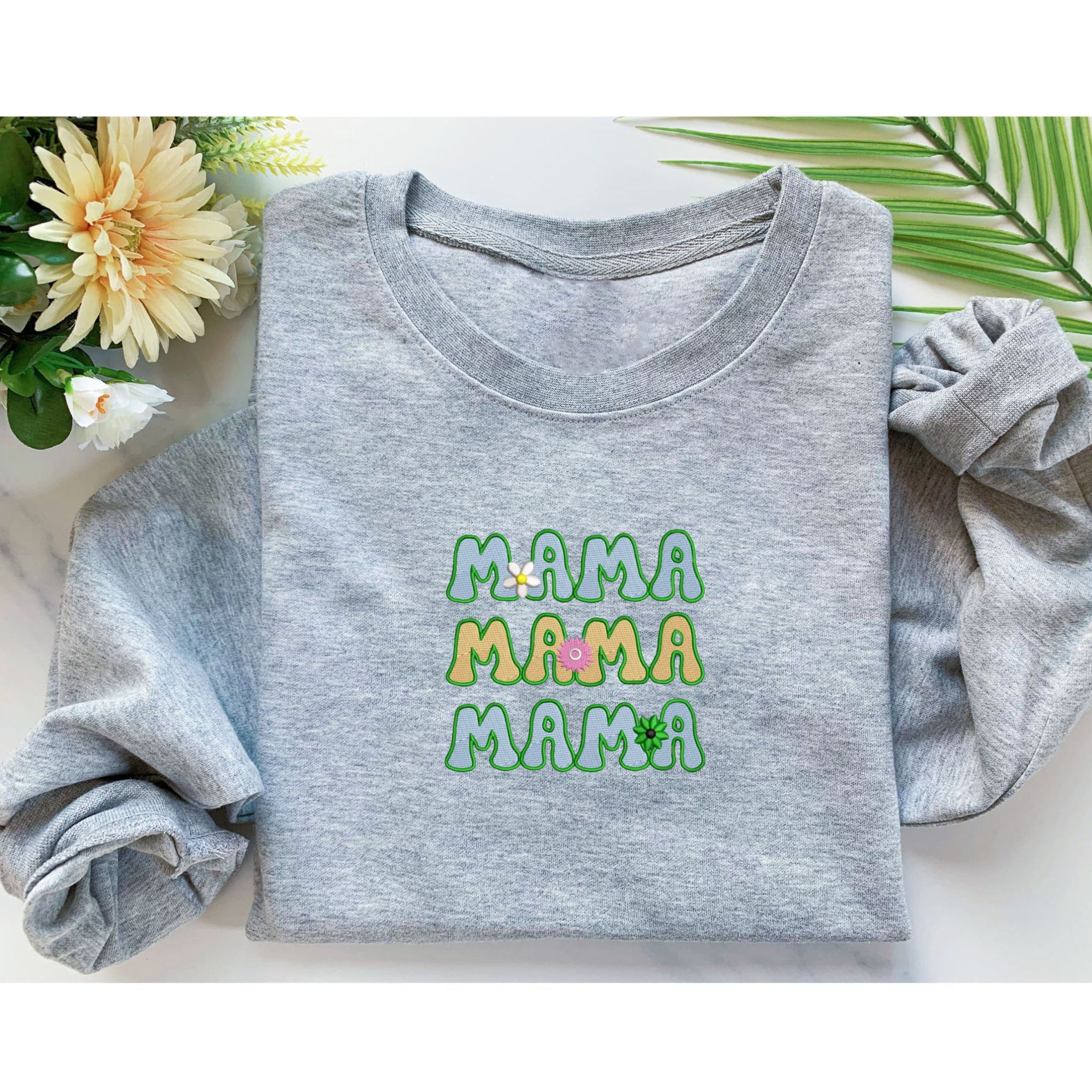 Personalized Floral Mama Embroidery Sweatshirt, Customized Crewneck With Initial On Sleeve EM3