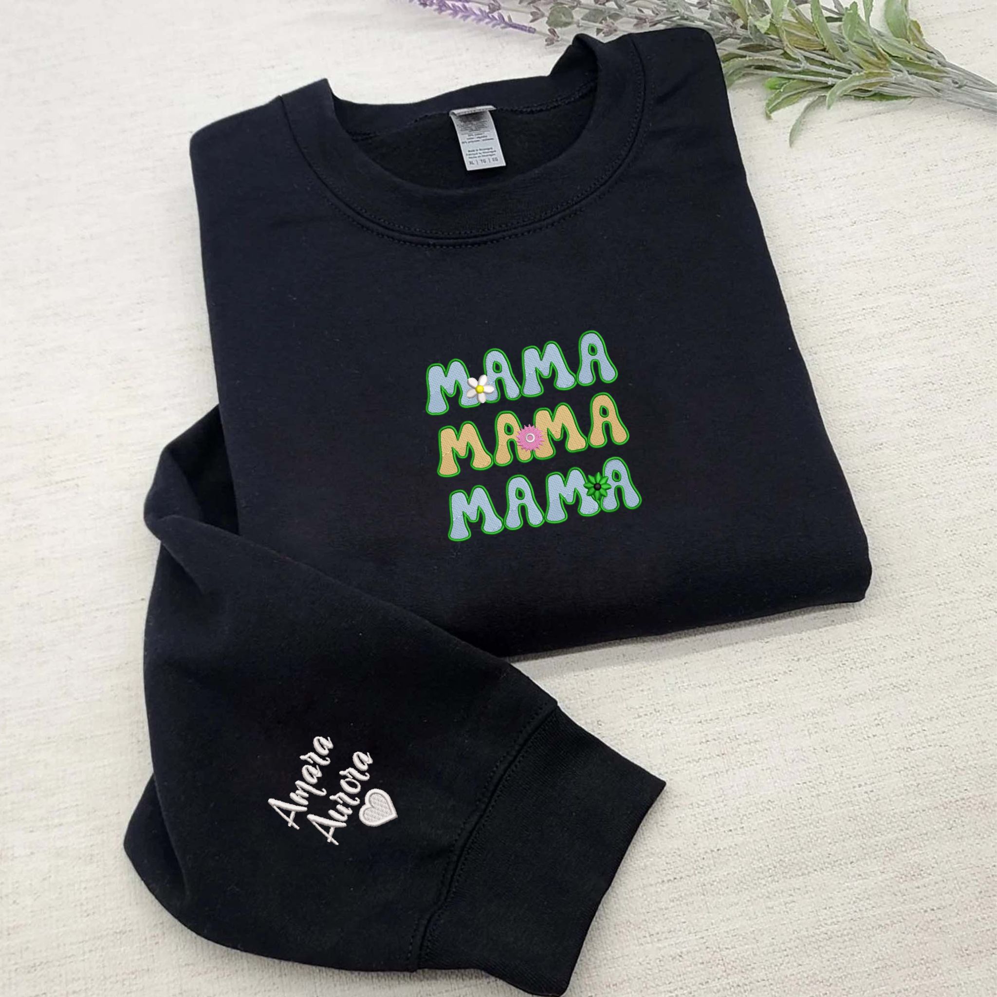 Personalized Floral Mama Embroidery Sweatshirt, Customized Crewneck With Initial On Sleeve EM3