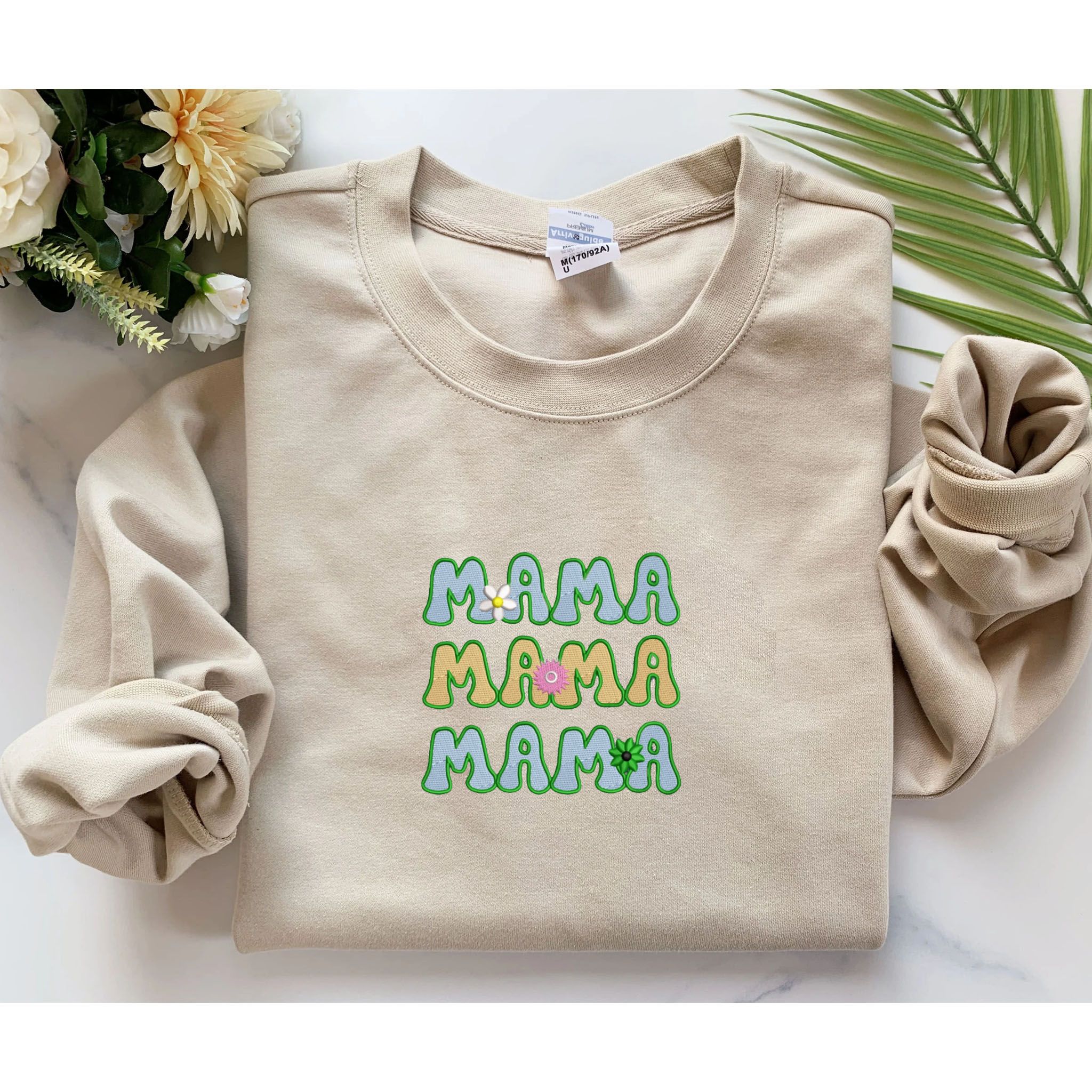 Personalized Floral Mama Embroidery Sweatshirt, Customized Crewneck With Initial On Sleeve EM3