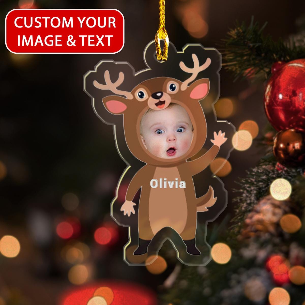 Personalized Funny Children Wearing Animal Costumes Ornament, A Cartoon Character Wearing A Deer Suit Ornament, Xmas Ornament ORNO5