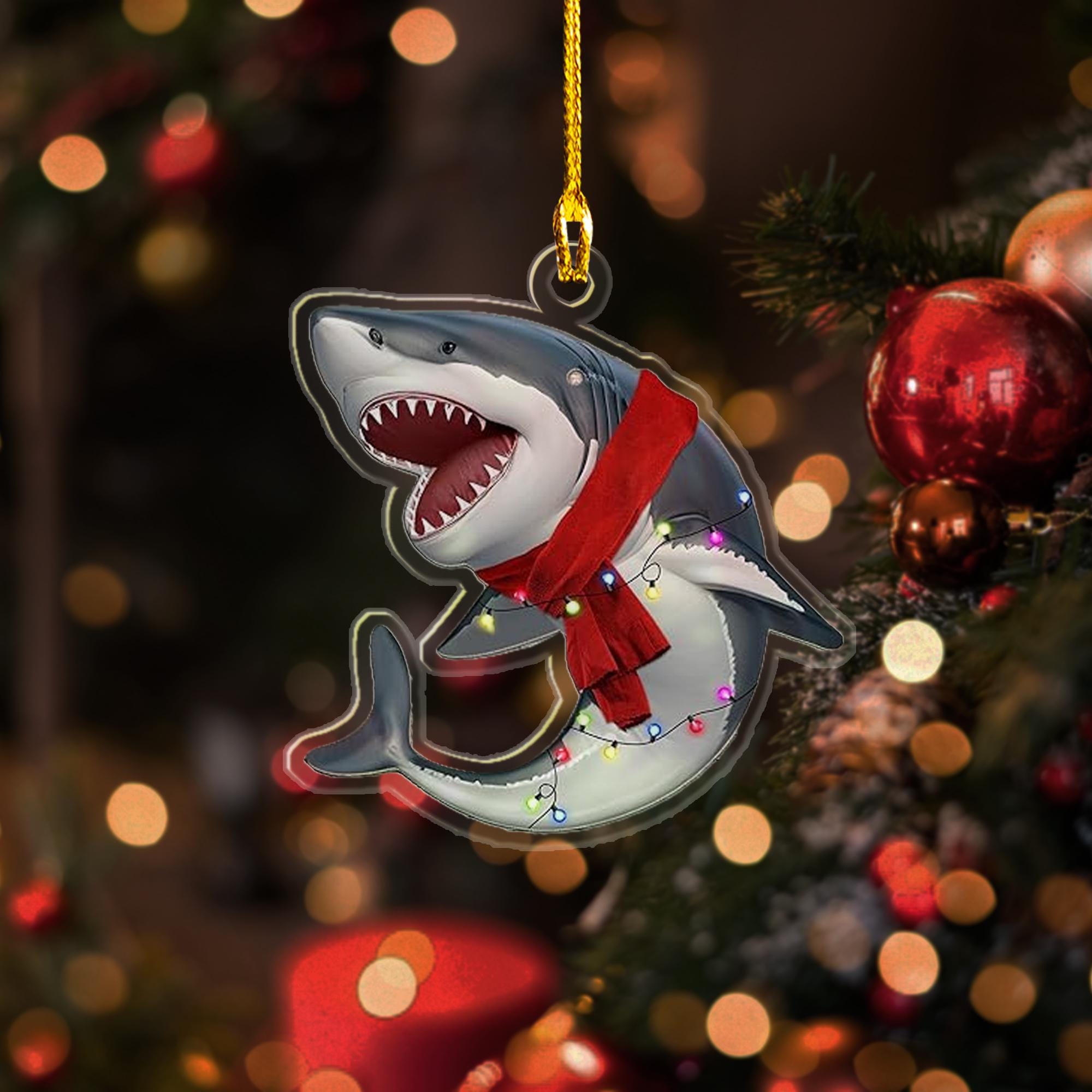 Personalized Funny Shark 2D Flat Ornament, Lights Shark 2D Flat Ornament for Christmas Tree, Shark Christmas Gift, Shark Fish Xmas Ornament ORNO5