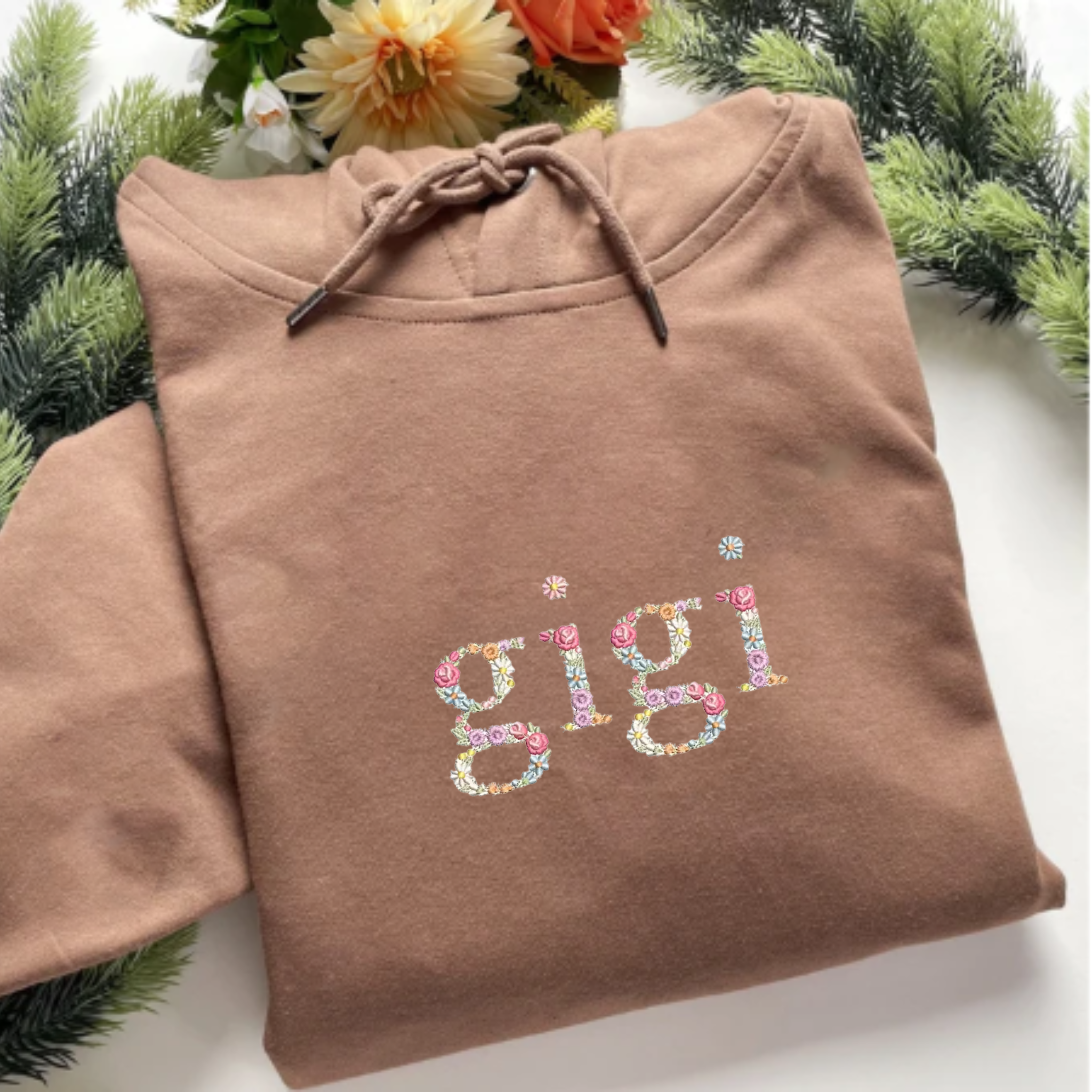 Personalized Gigi Hoodie, Floral Embroidery Letter, Customized Shirt With Initial Or Icon On Sleeve EM2