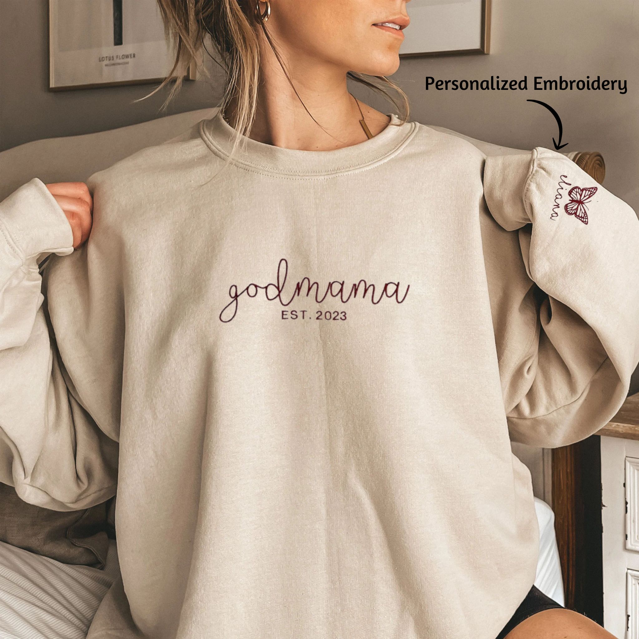 Personalized God Mama EST Sweatshirt With Cutsom Initial On Sleeve, Fairy Godmother Gift em1