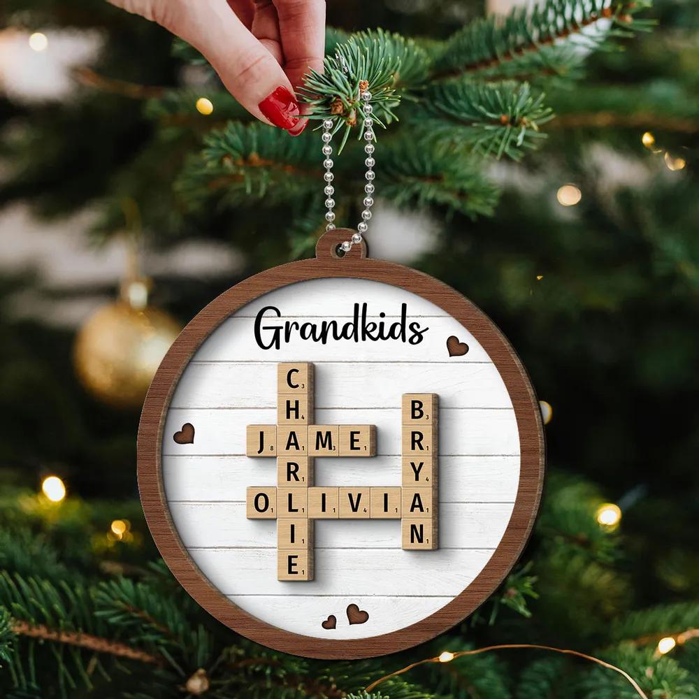 Personalized Grandkids Christmas 2 layers Ornament, Crossword Christmas Ornament, Grandkids Crossword Puzzle Ornament, Grandparent Gift OROC24