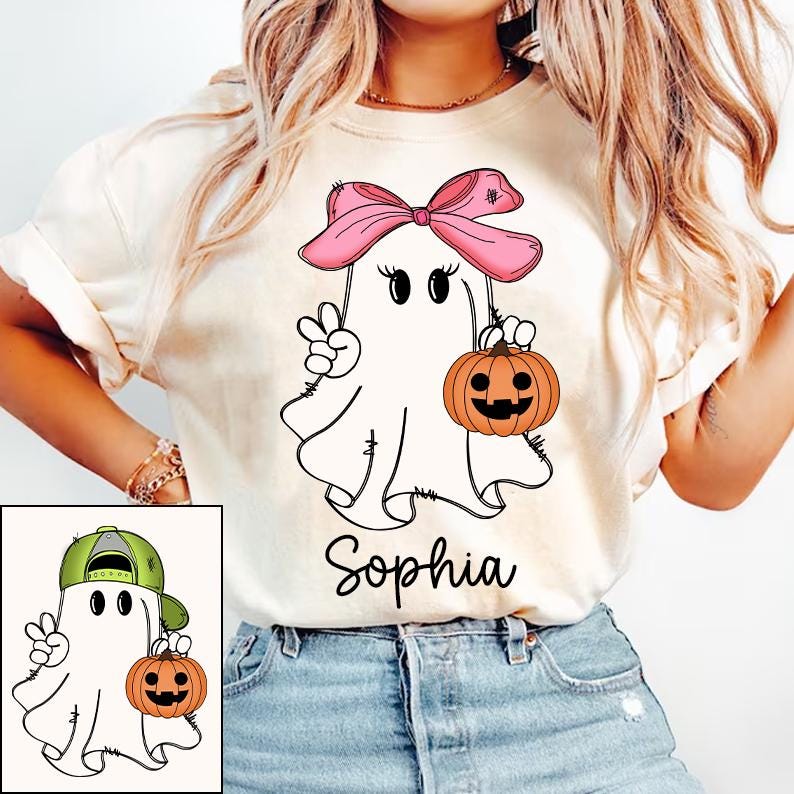 Personalized Halloween Kids Name Png, Halloween Ghost Pumpkin Png, Ballcap, Coquette Bow, Halloween Boy Girl, Hand Drawn, Spooky Season Png SCU