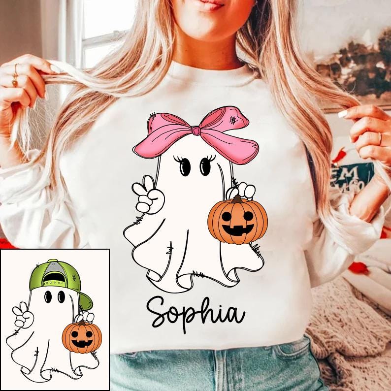 Personalized Halloween Kids Name Png, Halloween Ghost Pumpkin Png, Ballcap, Coquette Bow, Halloween Boy Girl, Hand Drawn, Spooky Season Png SCU