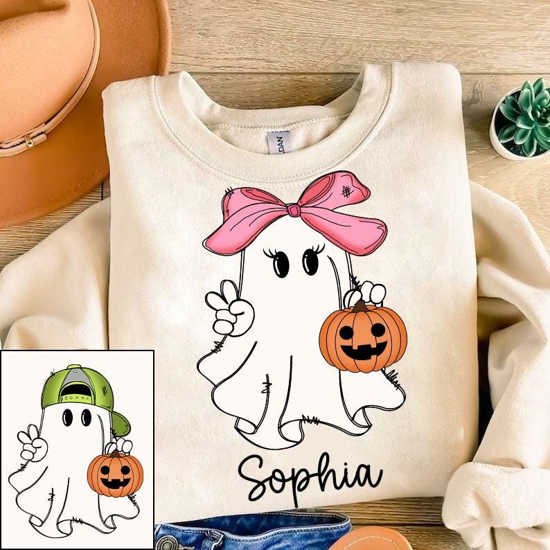 Personalized Halloween Kids Name Png, Halloween Ghost Pumpkin Png, Ballcap, Coquette Bow, Halloween Boy Girl, Hand Drawn, Spooky Season Png SCU