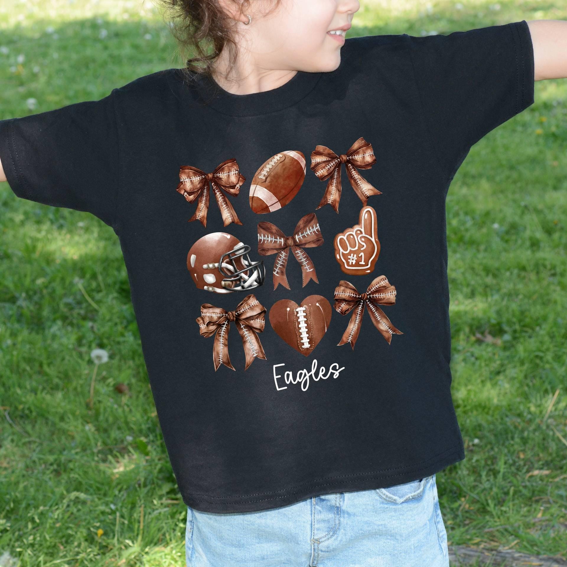 Personalized Kids Football Shirt with Coquette Bows,Custom Toddler Football T-Shirt,Youth Football Gameday Shirt,Cute Girls Football T-Shirt  CUSFB