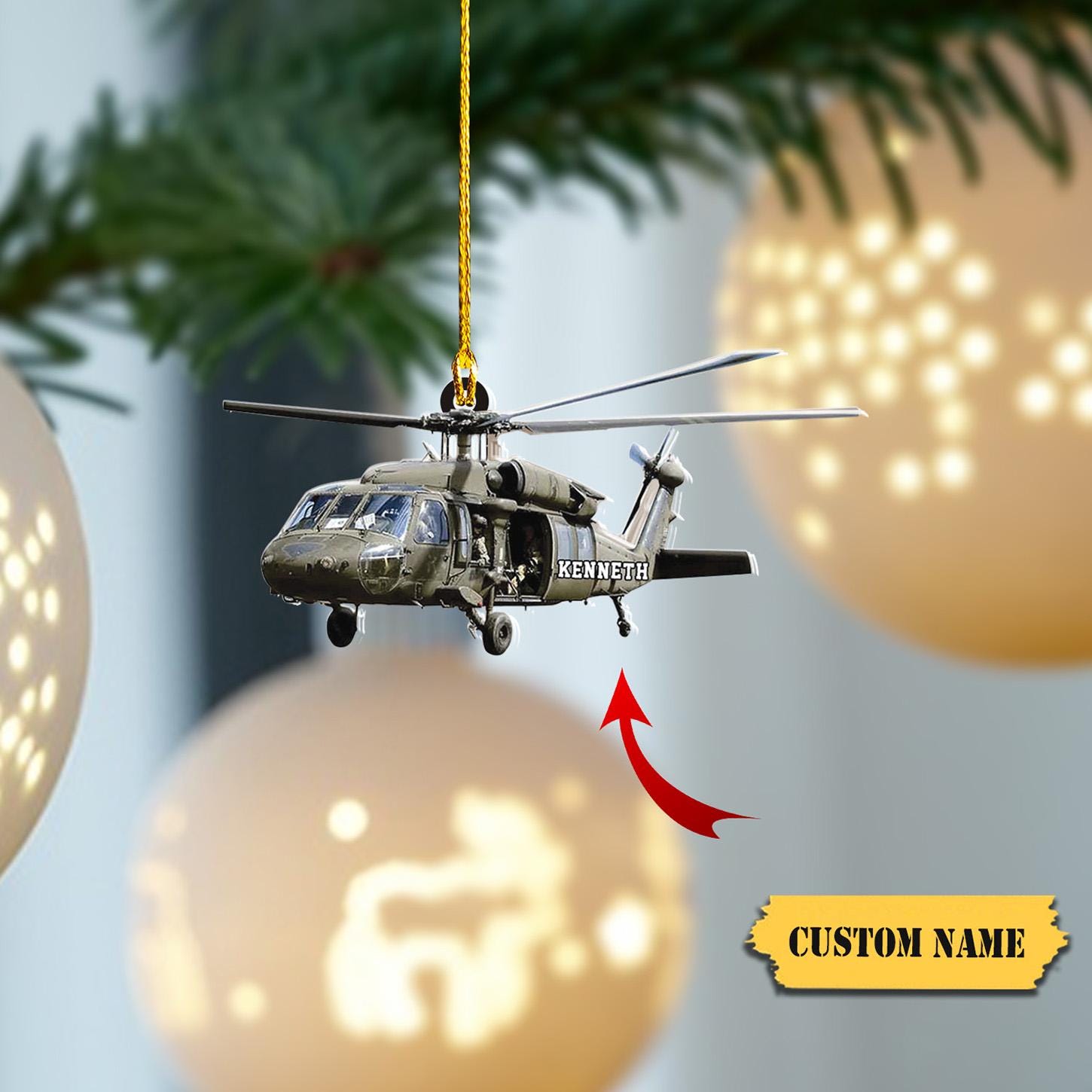 Personalized Military Helicopter Ornament FLAT 2D, Custom Name Veteran Christmas Decor, Perfect Gift for Army Heroes, Gift For Pilot Dad HAOR0711