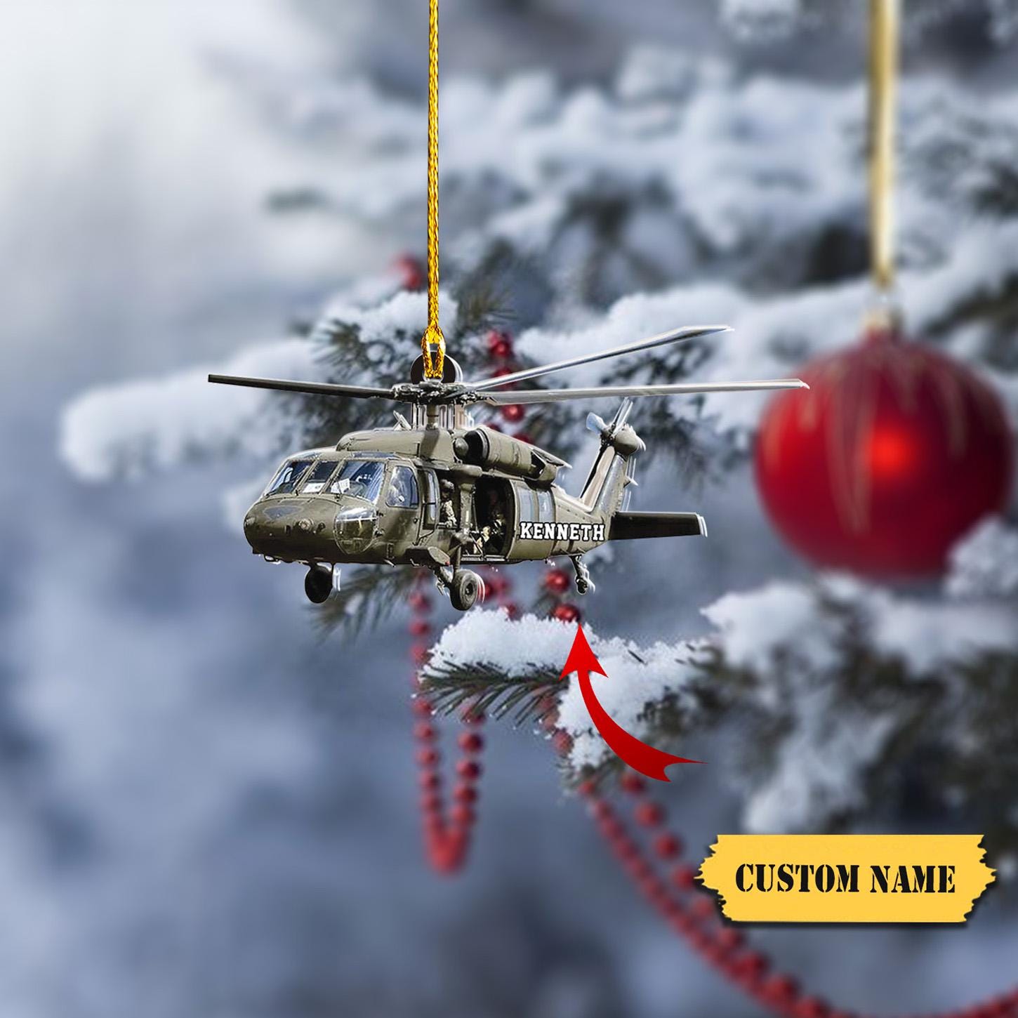 Personalized Military Helicopter Ornament FLAT 2D, Custom Name Veteran Christmas Decor, Perfect Gift for Army Heroes, Gift For Pilot Dad HAOR0711