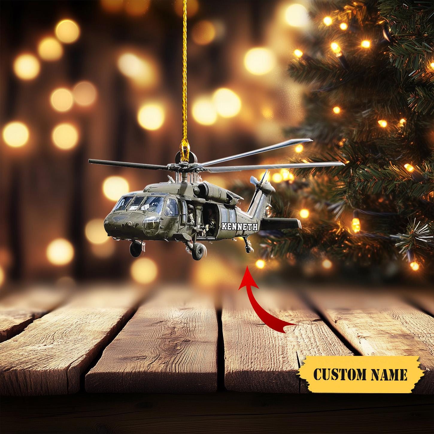 Personalized Military Helicopter Ornament FLAT 2D, Custom Name Veteran Christmas Decor, Perfect Gift for Army Heroes, Gift For Pilot Dad HAOR0711