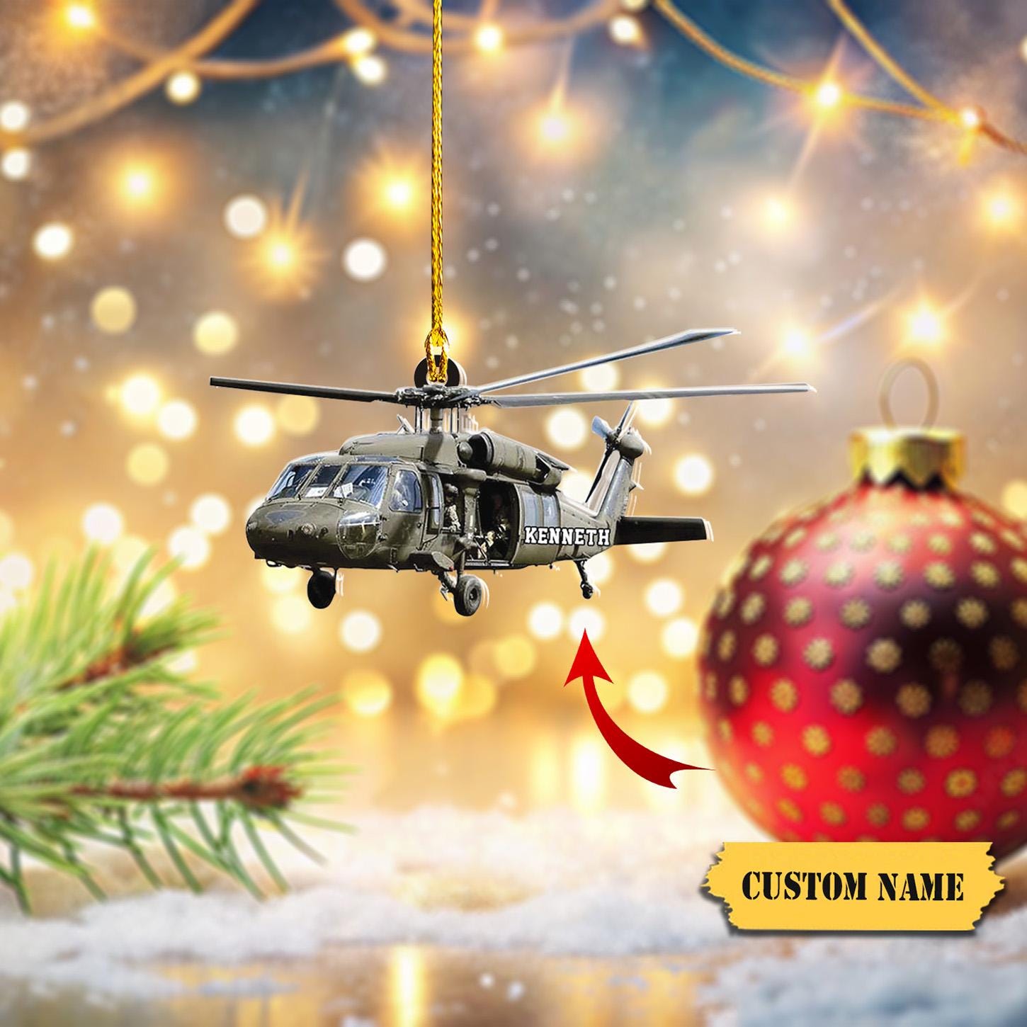 Personalized Military Helicopter Ornament FLAT 2D, Custom Name Veteran Christmas Decor, Perfect Gift for Army Heroes, Gift For Pilot Dad HAOR0711