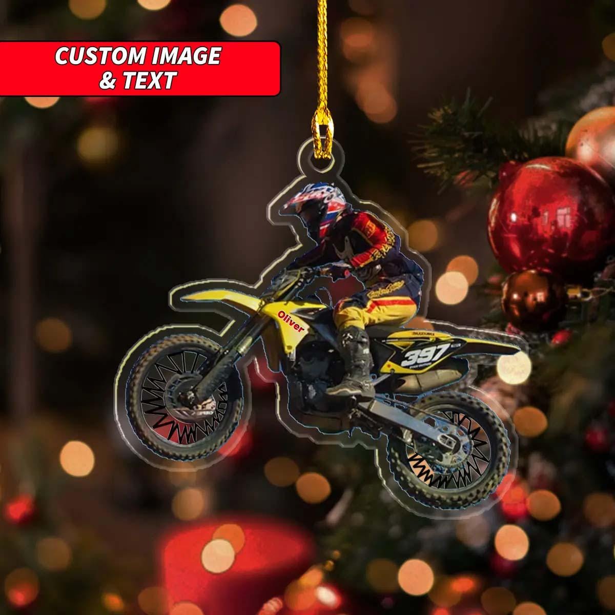Personalized Motocross Biker Ornament, Custom Man Riding Yellow Motocross Dirt Bike Ornament, 2D Flat  Motocross Man Christmas Ornament ORNO5