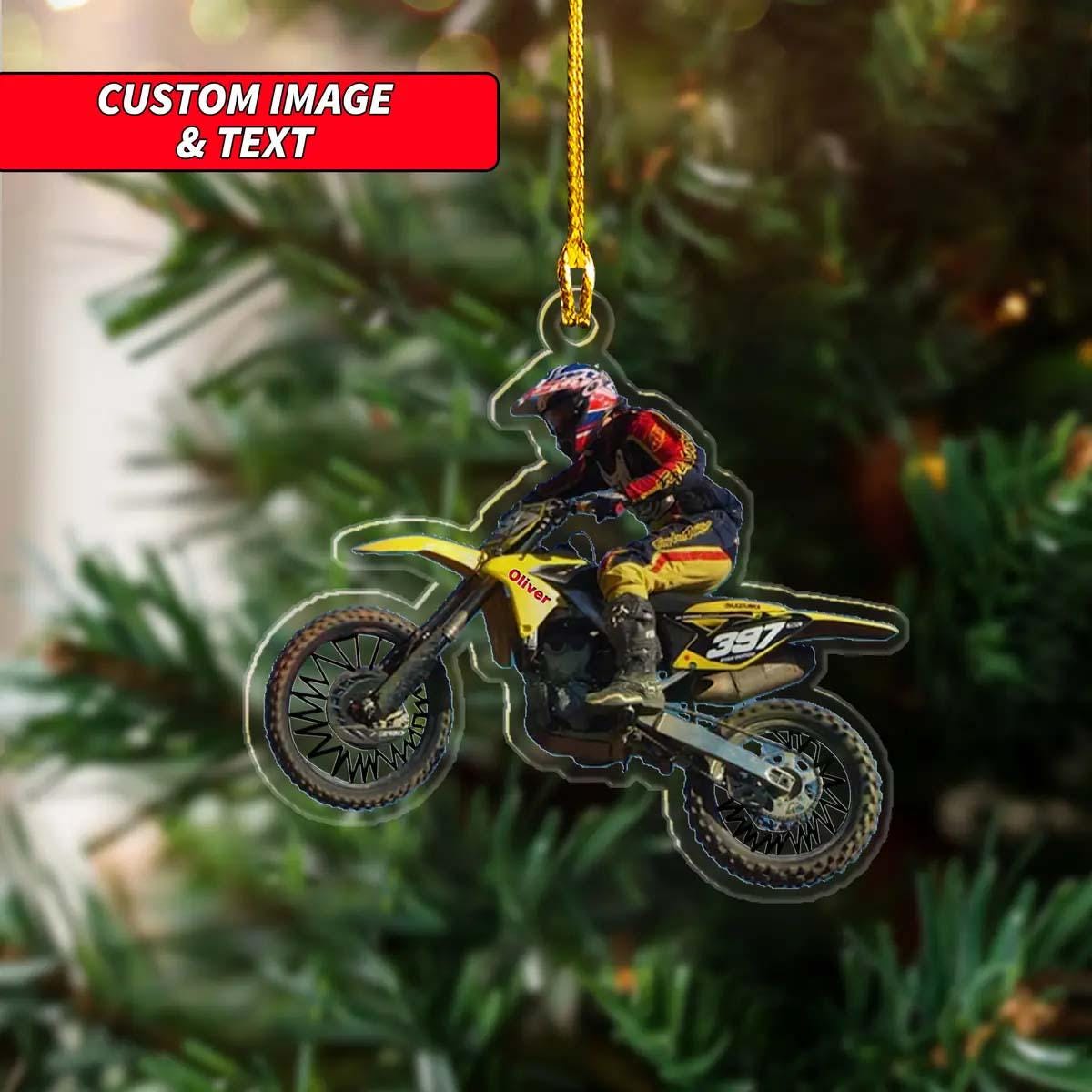Personalized Motocross Biker Ornament, Custom Man Riding Yellow Motocross Dirt Bike Ornament, 2D Flat  Motocross Man Christmas Ornament ORNO5