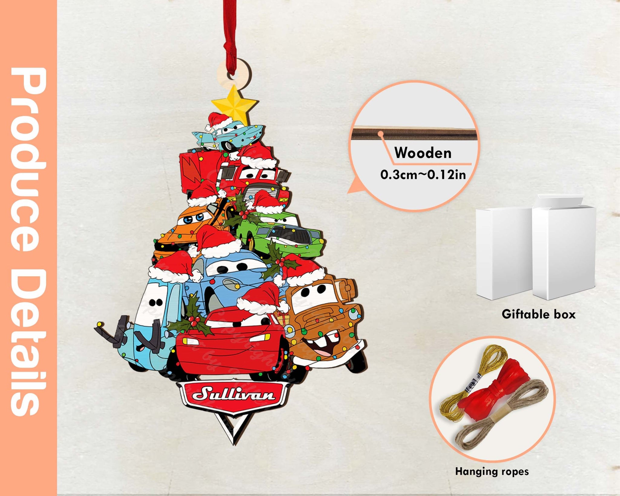 Personalized Name Cars Christmas Tree Ornament, Car Christmas Ornament, Lightning McQueen Ornament, Hudson, Carrera, Mater, Luigi, Guido 1 ORH2510
