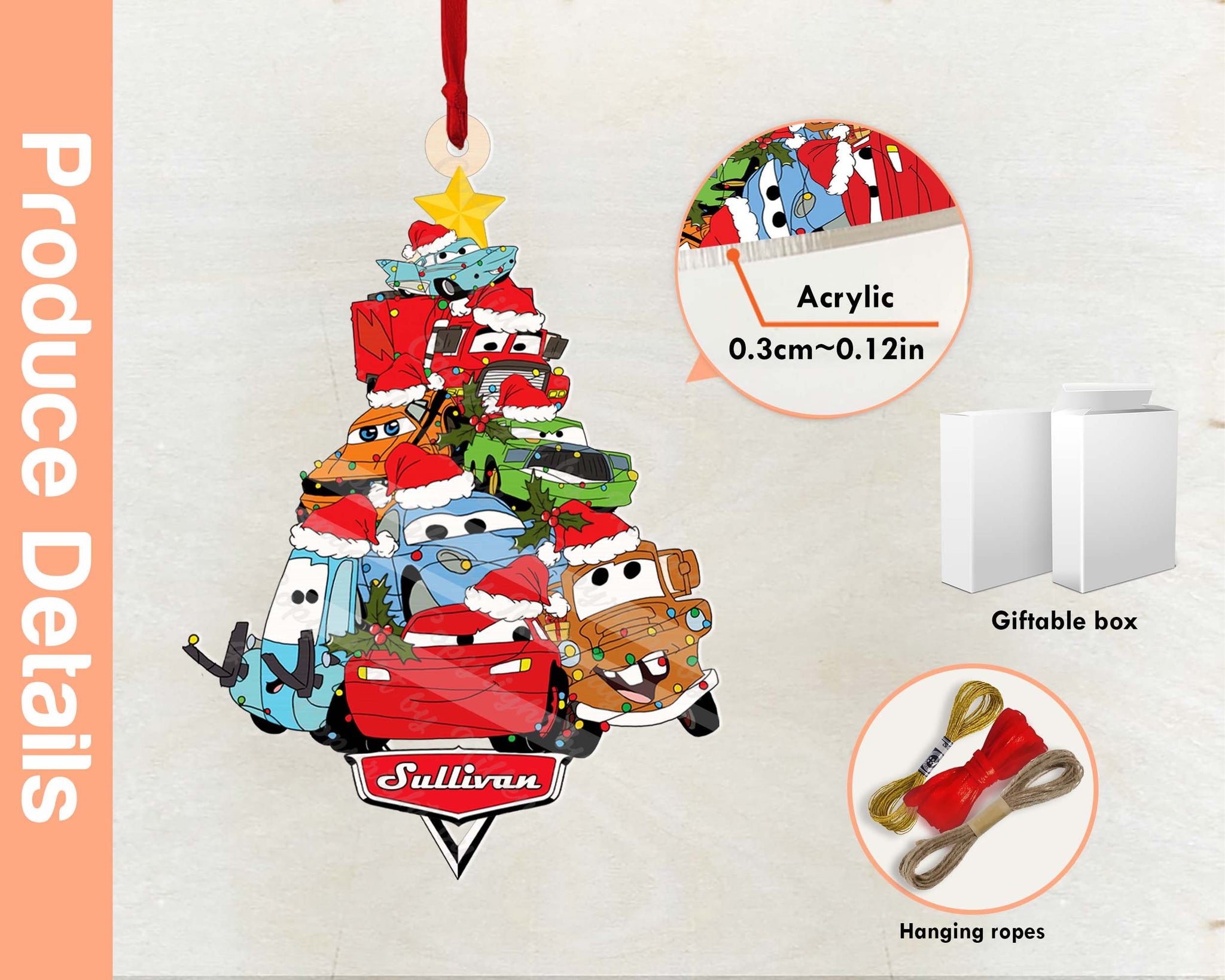 Personalized Name Cars Christmas Tree Ornament, Car Christmas Ornament, Lightning McQueen Ornament, Hudson, Carrera, Mater, Luigi, Guido ORH2510