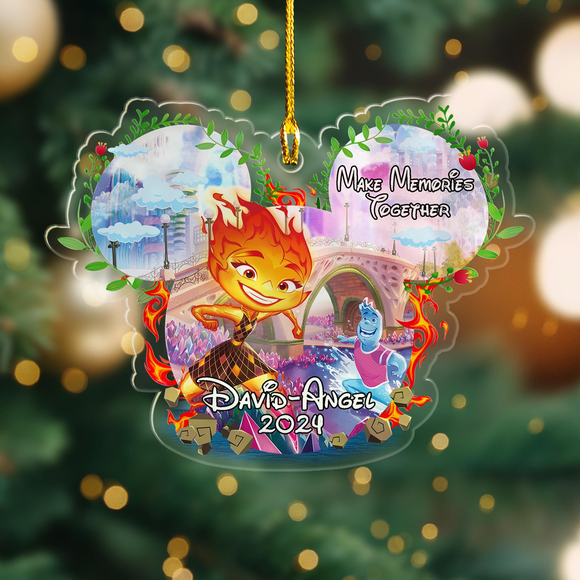 Personalized Name Ember And Wade Ornament, Elemental Ornament, Xmas Movie Ornament, Element Mouse Ear Customized 2024 Christmas Tree Decor ORNO5
