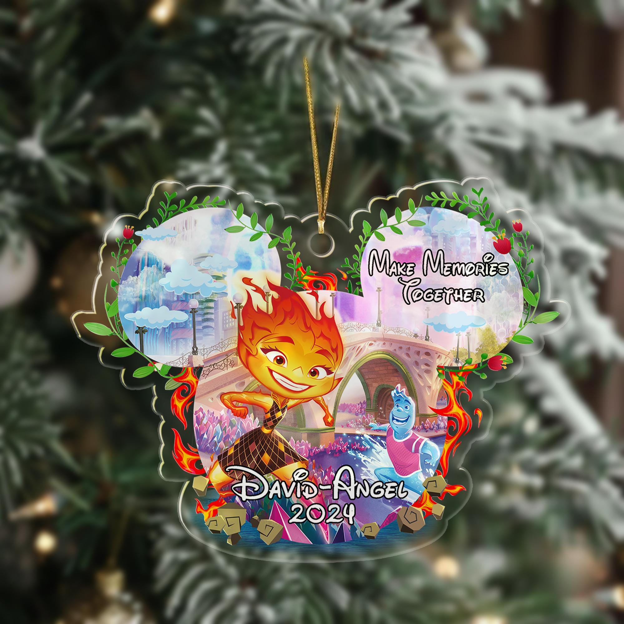 Personalized Name Ember And Wade Ornament, Elemental Ornament, Xmas Movie Ornament, Element Mouse Ear Customized 2024 Christmas Tree Decor ORNO5