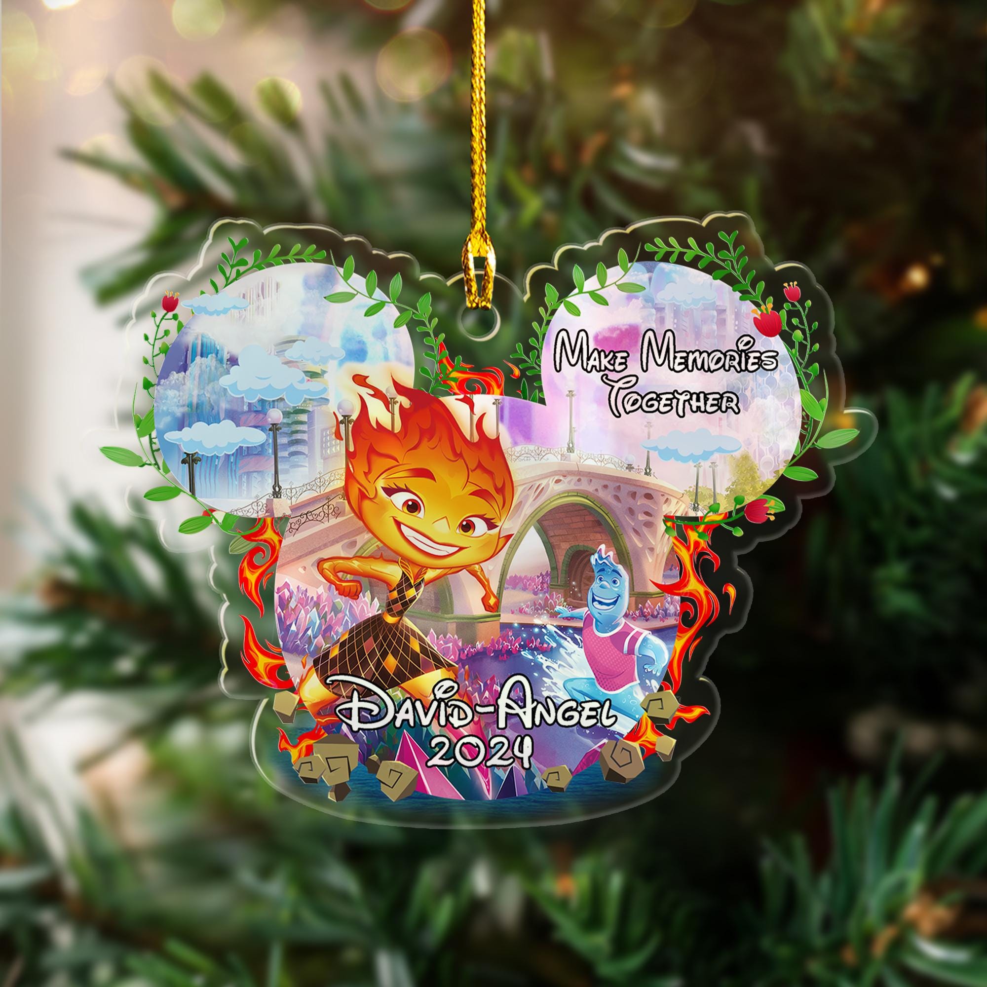 Personalized Name Ember And Wade Ornament, Elemental Ornament, Xmas Movie Ornament, Element Mouse Ear Customized 2024 Christmas Tree Decor ORNO5
