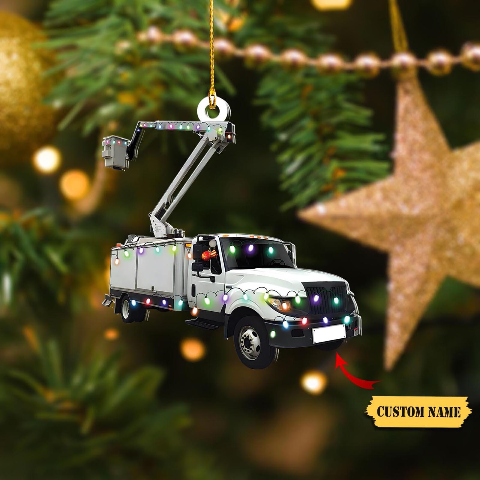 Personalized Name Lineman Bucket Truck Merry Christmas Shaped Ornament 2D, Gift for Lineman, Gifts For Christmas. HAOR0711