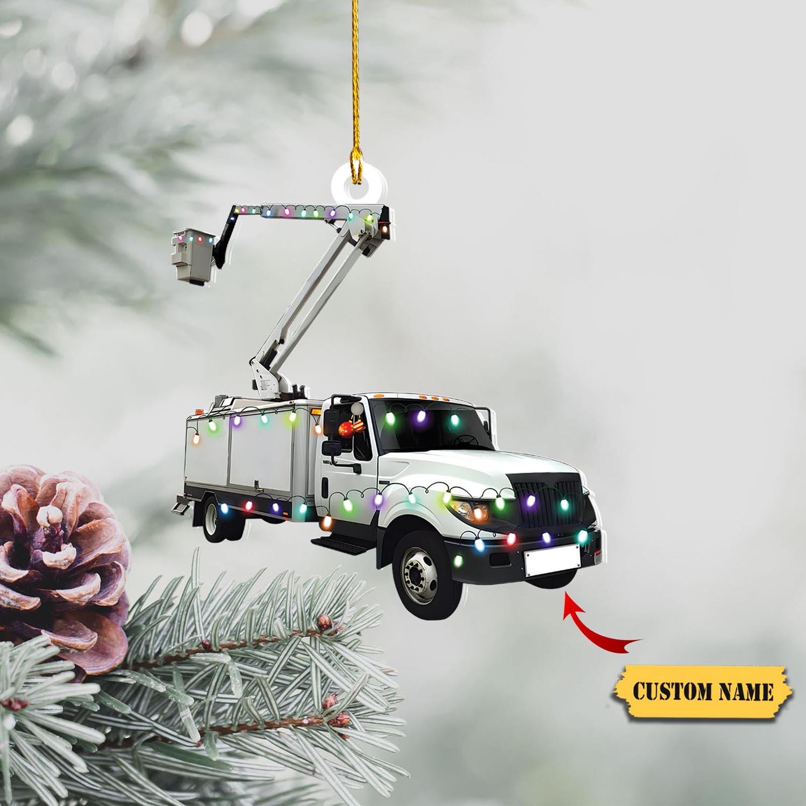 Personalized Name Lineman Bucket Truck Merry Christmas Shaped Ornament 2D, Gift for Lineman, Gifts For Christmas. HAOR0711