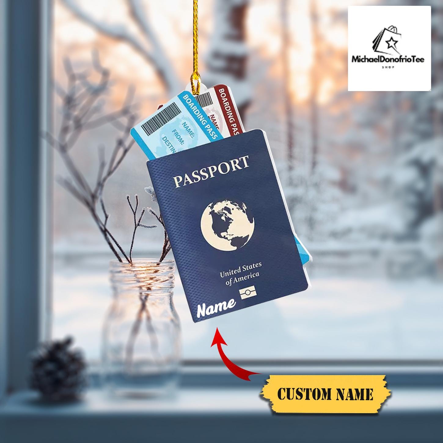 Personalized Passport Travel Ornament FLAT 2D with Custom Name, Perfect Christmas Gift for Travelers & Adventurers HAOR0711