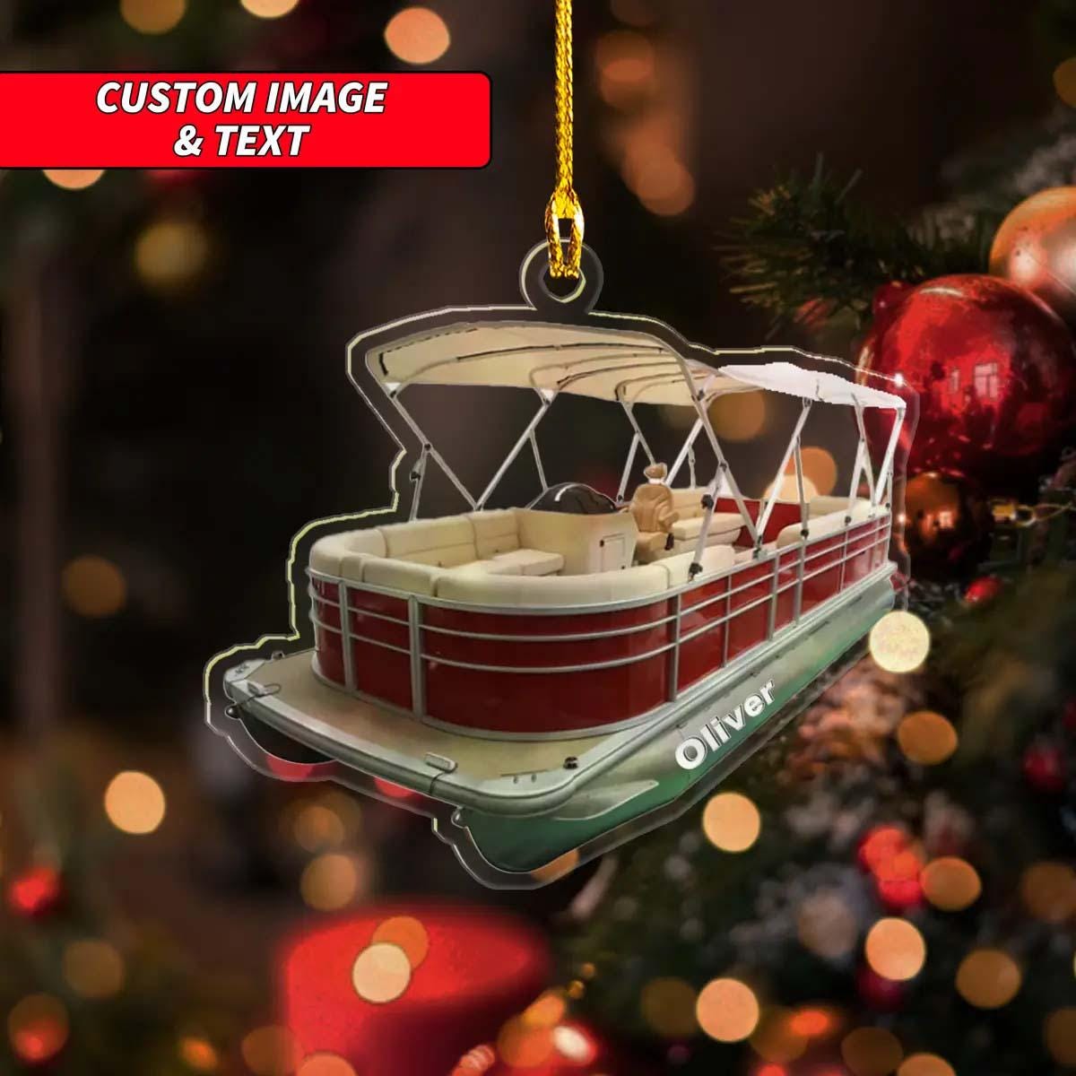 Personalized Red Pontoon Boat Christmas Ornament, Custom Pontoon Boat Keychain Ornament, Pontoon Acrylic Ornament, 2D Flat Boat Ornament ORNO5