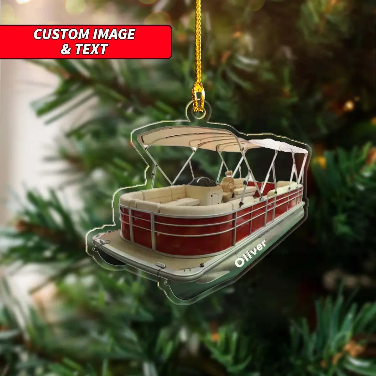 Personalized Red Pontoon Boat Christmas Ornament, Custom Pontoon Boat Keychain Ornament, Pontoon Acrylic Ornament, 2D Flat Boat Ornament ORNO5