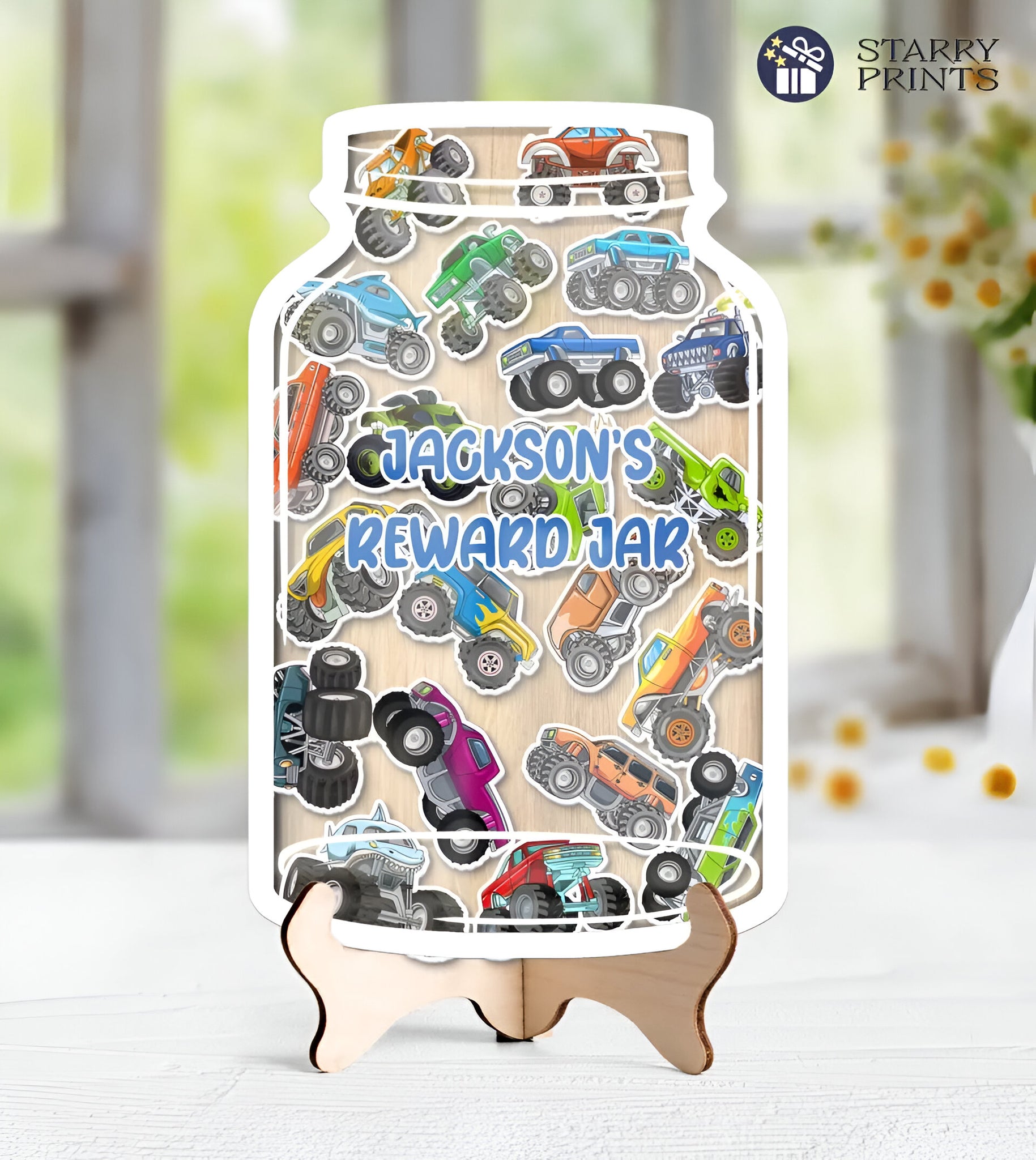 Personalized Reward Jar With Monster Truck Tokens- Motivational Goal Tracker For Boys - Gift For Rejar