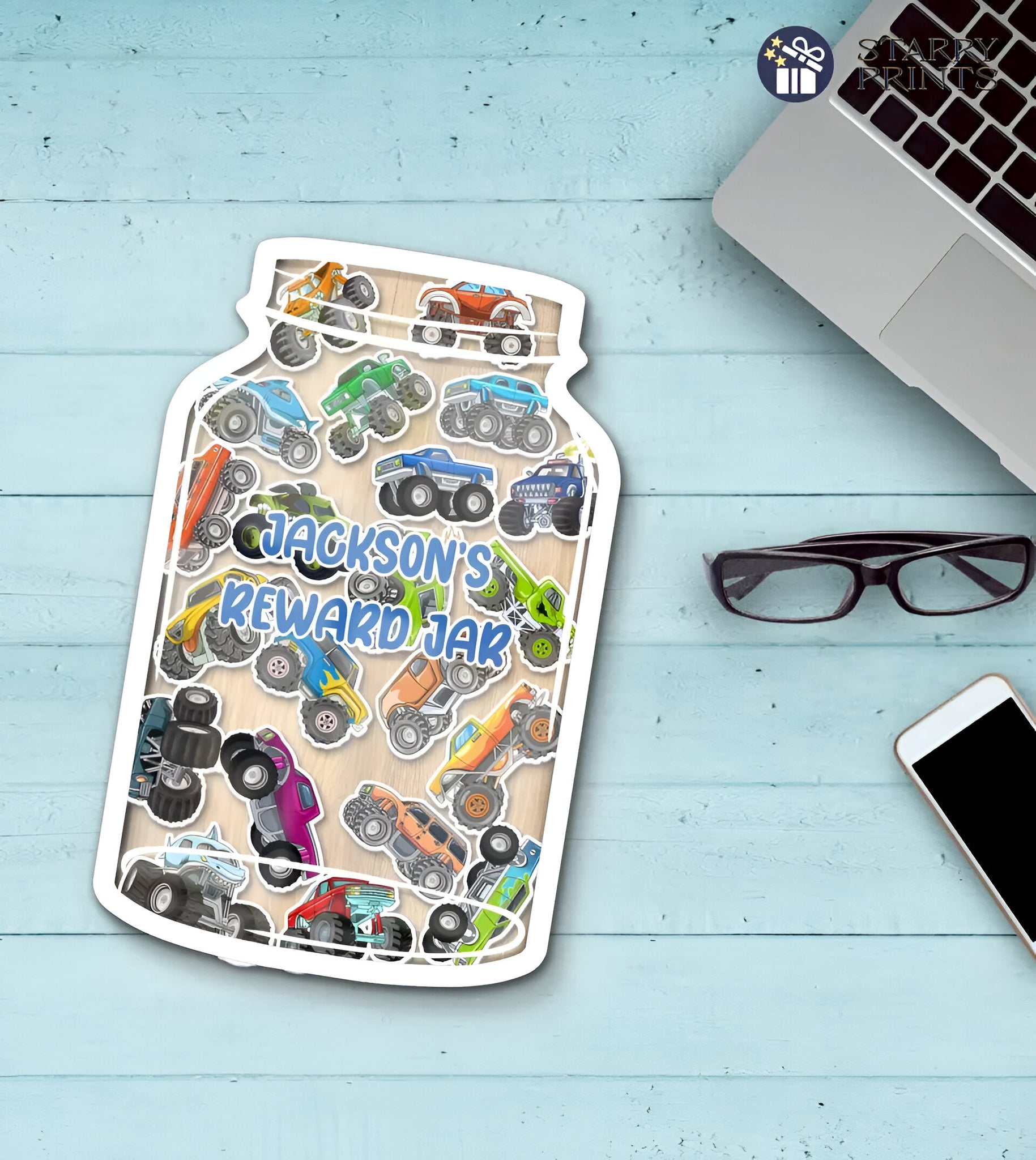 Personalized Reward Jar With Monster Truck Tokens- Motivational Goal Tracker For Boys - Gift For Rejar