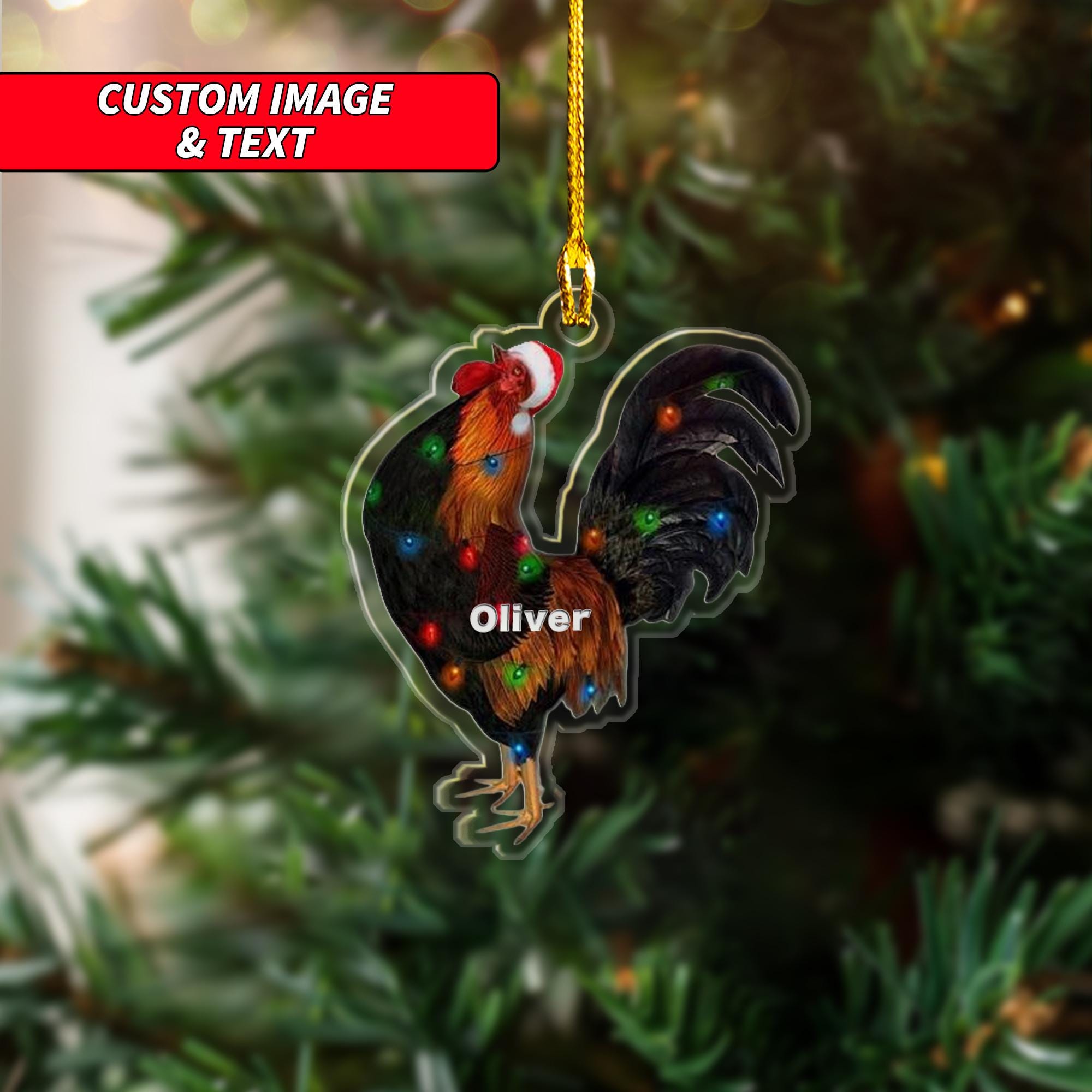 Personalized Rooster Christmas Ornaments, 2D Flat Christmas Chicken Light Ornaments, Custom Santa Hat Rooster Tree Hanging Ornament ORNO5