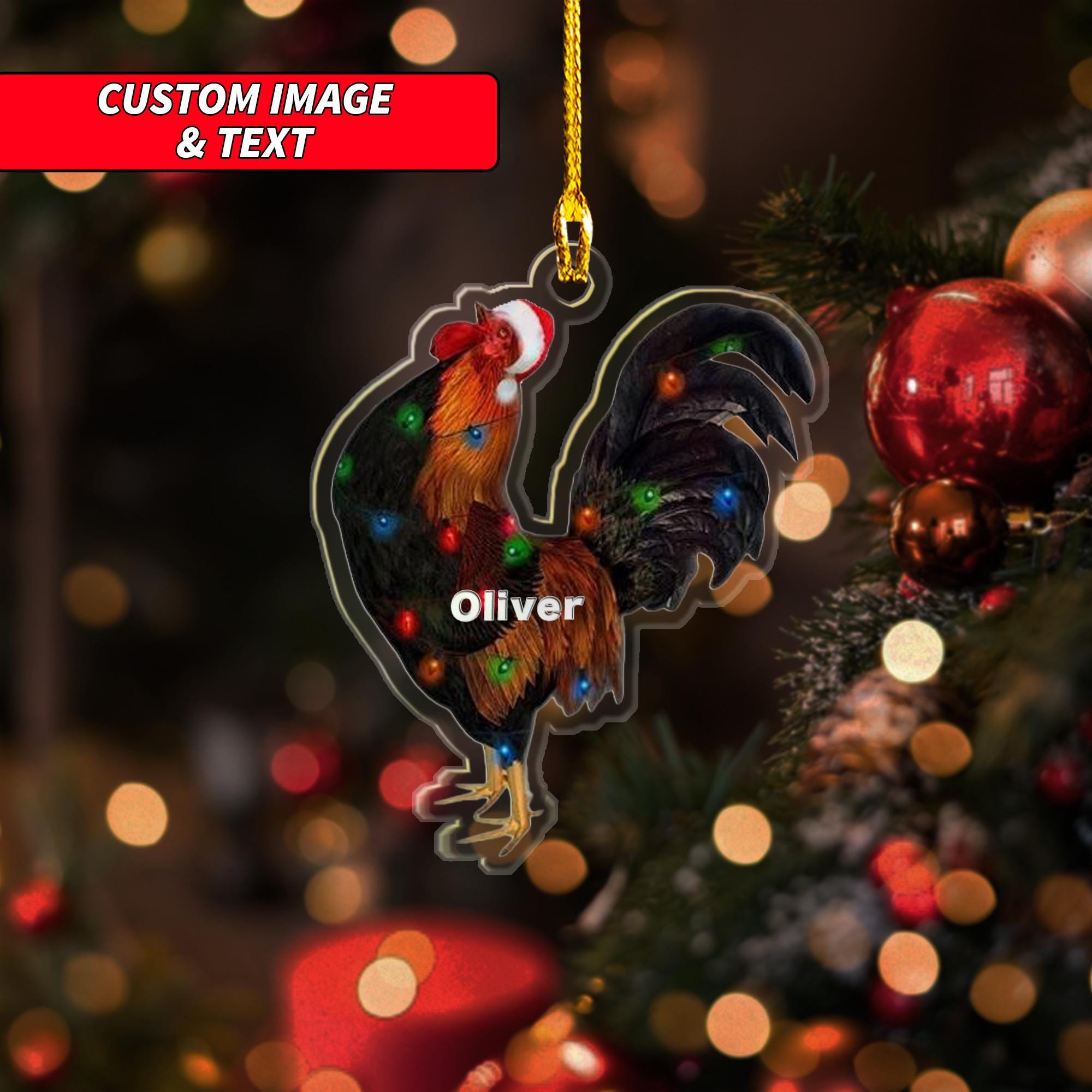 Personalized Rooster Christmas Ornaments, 2D Flat Christmas Chicken Light Ornaments, Custom Santa Hat Rooster Tree Hanging Ornament ORNO5