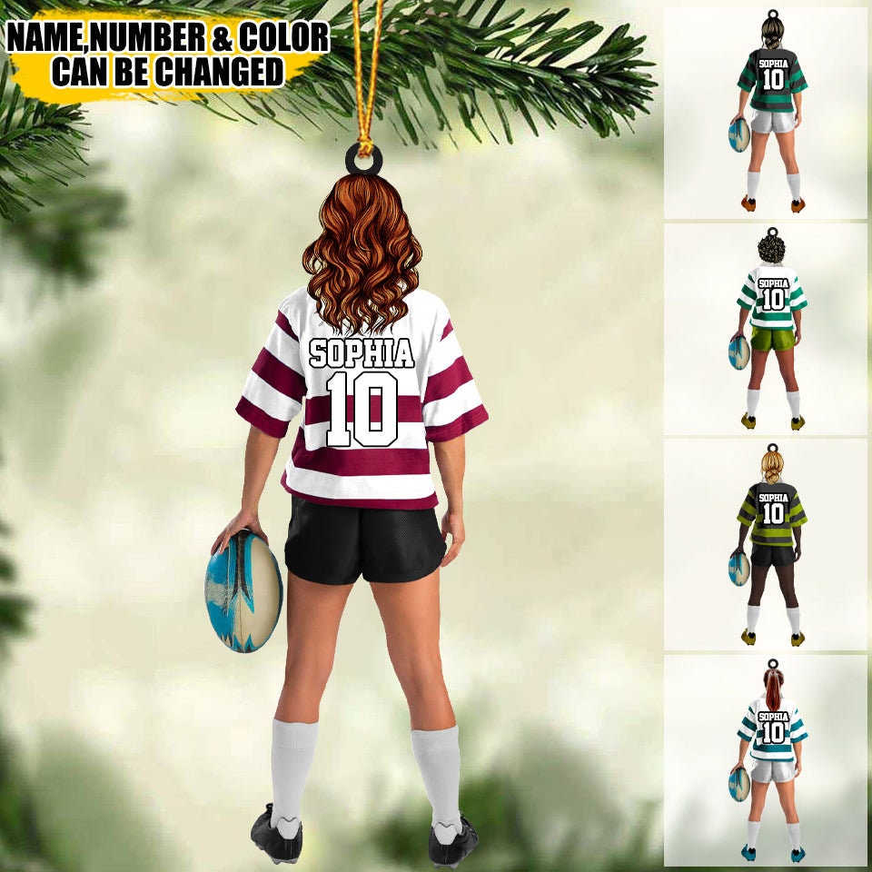 Personalized Rugby FemaleGirlWoman Player Acrylic Christmas Ornament, Gift For Rugby Players, Custom Name And Number For Rugby Player ORH1710N