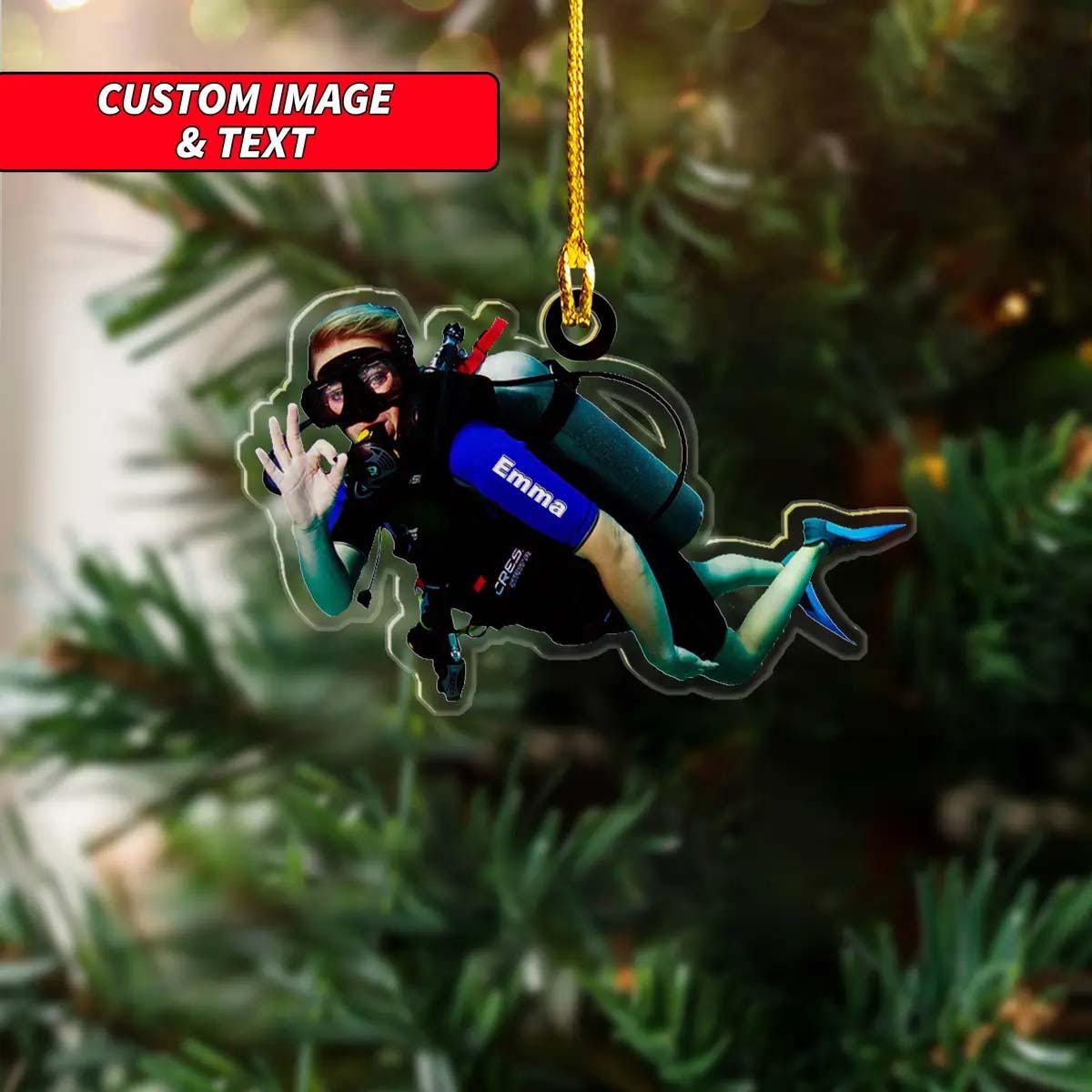 Personalized Scuba Diver Christmas Ornament, Custom Scuba Diving Acrylic Ornament, 2D Flat Sport Ornament, Sport Moments Ornament ORNO5