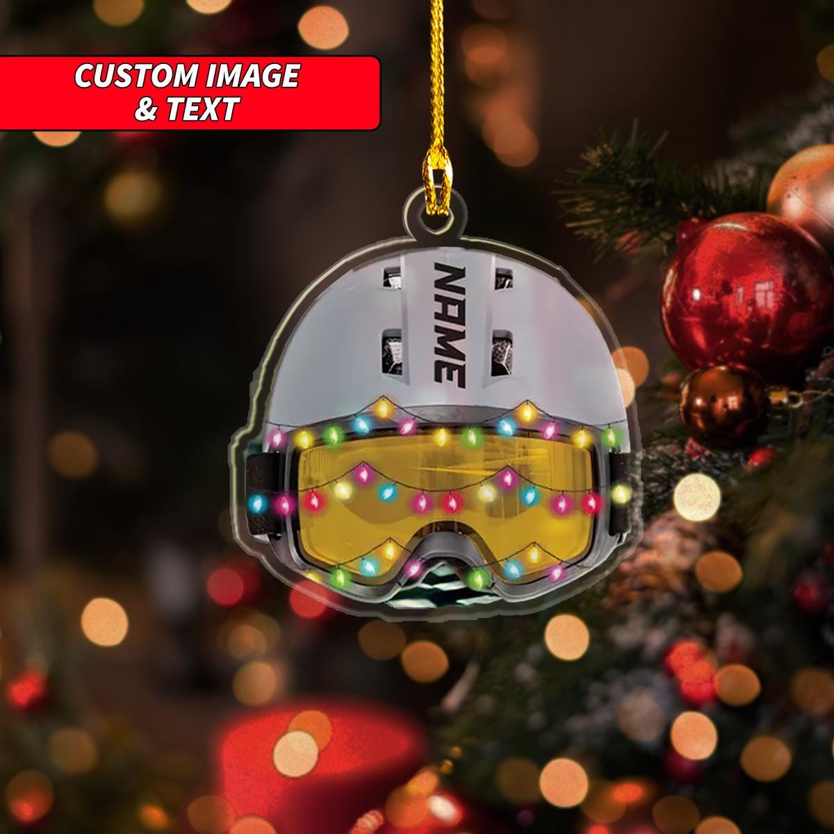 Personalized Skiing Helmet With Christmas Light Christmas Ornament, Skiing Christmas Ornament, Custom Name Acrylic Ornament, Skiing Hobby ORNO5
