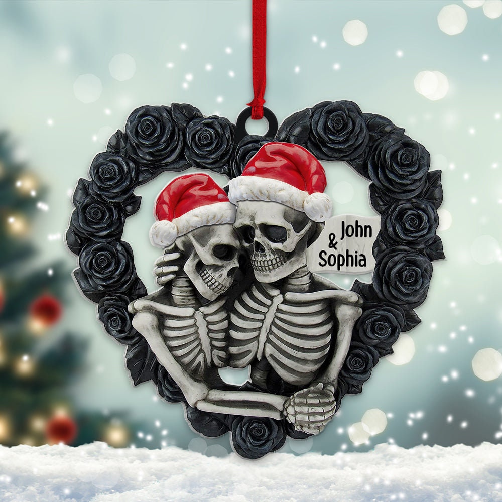 Personalized Skull Couple Christmas Ornament, Skeleton Couple Acrylic Ornament, Skeleton Santa Hat, Black Rose Heart, Skull Couple Ornament ORH1710N