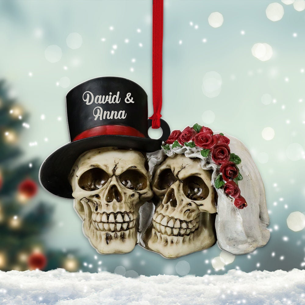 Personalized Skull Couple Christmas Ornament, Skeleton Couple Acrylic Ornament, Skeleton Santa Hat, Black Rose Heart, Skull Couple Ornament ORH1710N