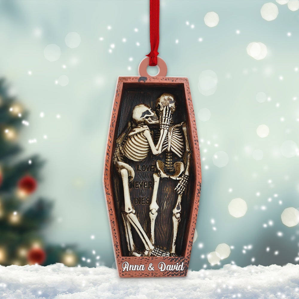 Personalized Skull Couple Christmas Ornament, Skeleton Couple Acrylic Ornament, Skeleton Santa Hat, Black Rose Heart, Skull Couple Ornament ORH1710N