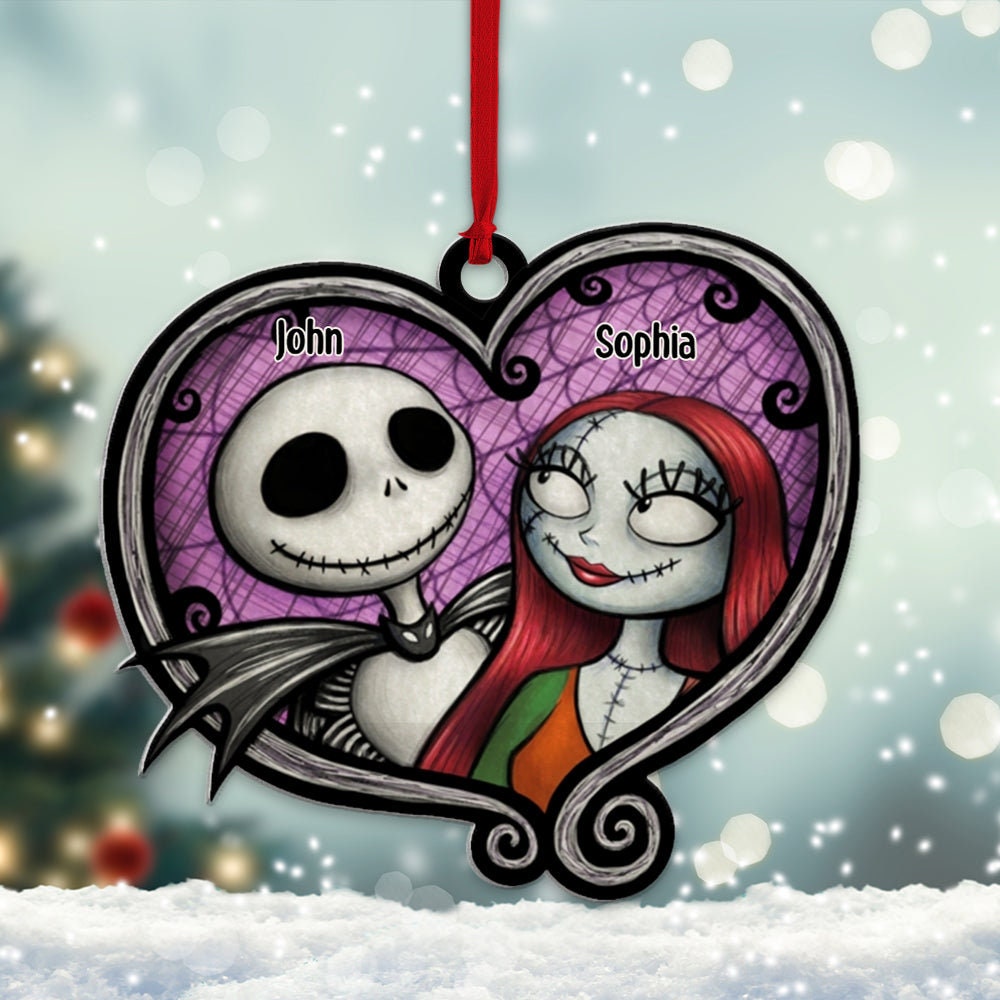Personalized Skull Couple Christmas Ornament, Skeleton Couple Acrylic Ornament, Skeleton Santa Hat, Black Rose Heart, Skull Couple Ornament ORH1710N