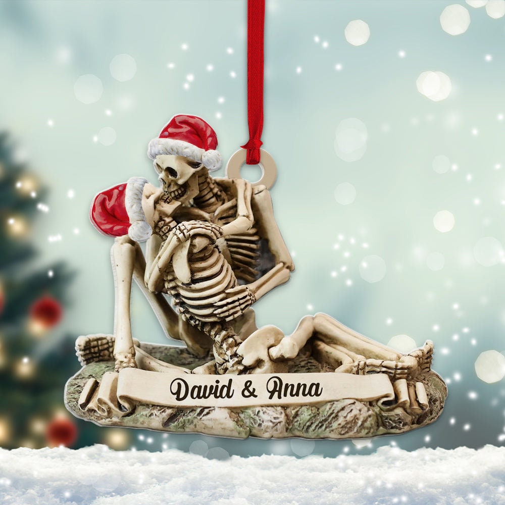 Personalized Skull Couple Christmas Ornament, Skeleton Couple Acrylic Ornament, Skeleton Santa Hat, Black Rose Heart, Skull Couple Ornament ORH1710N