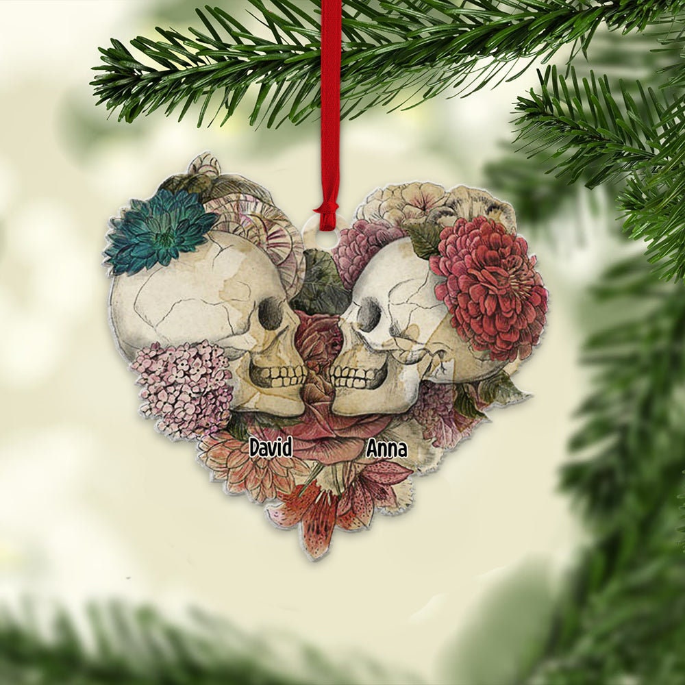 Personalized Skull Couple Christmas Ornament, Skeleton Couple Acrylic Ornament, Skeleton Santa Hat, Black Rose Heart, Skull Couple Ornament ORH1710N