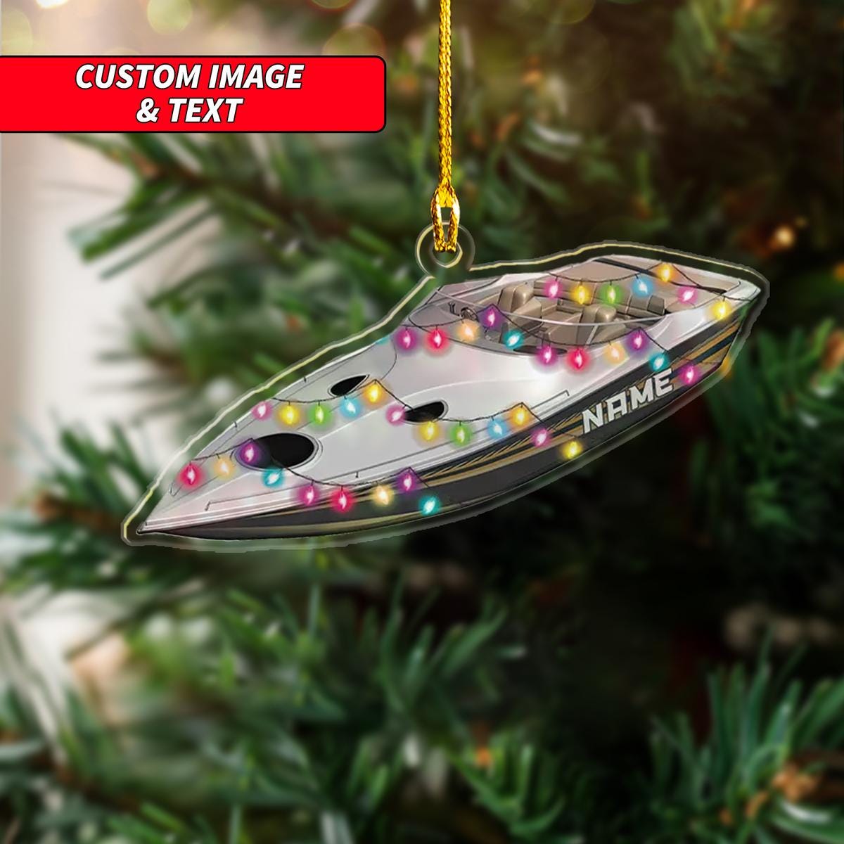 Personalized Speedboat With Christmas Light Christmas Ornament, Speedboat Christmas Ornament, Custom Name Acrylic Ornament ORNO5