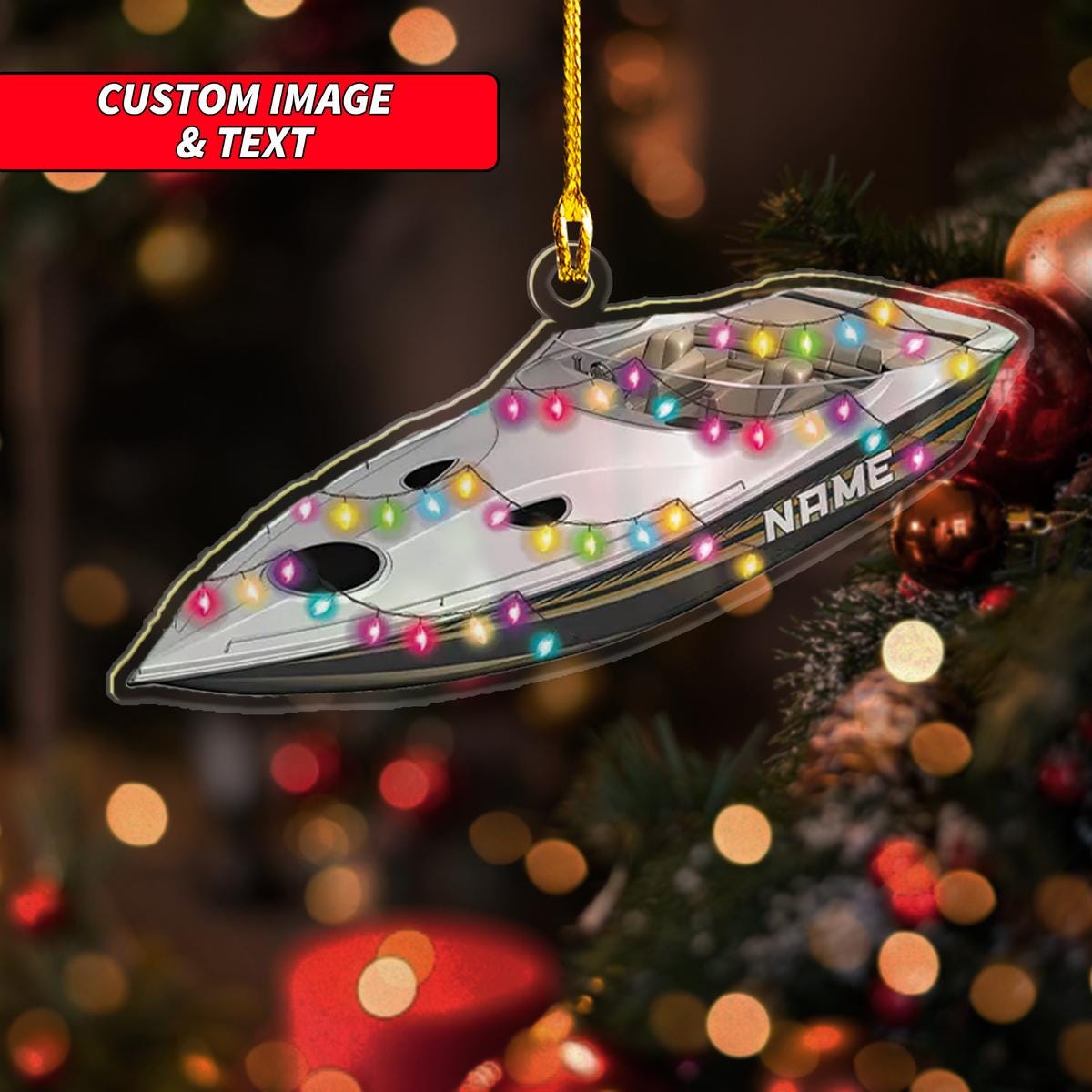 Personalized Speedboat With Christmas Light Christmas Ornament, Speedboat Christmas Ornament, Custom Name Acrylic Ornament ORNO5