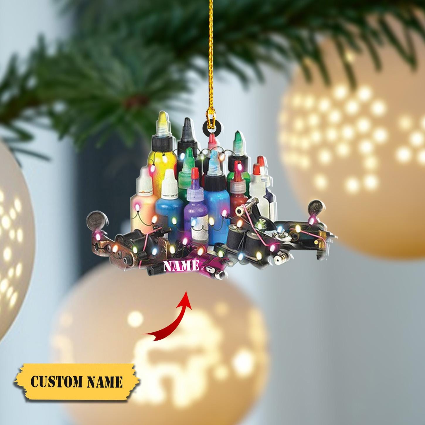 Personalized Tattoo Ink Ornament FLAT 2D, Christmas Ink and Machine Decor with Custom Name, Unique Holiday Gift for Tattoo Lovers HAOR0711