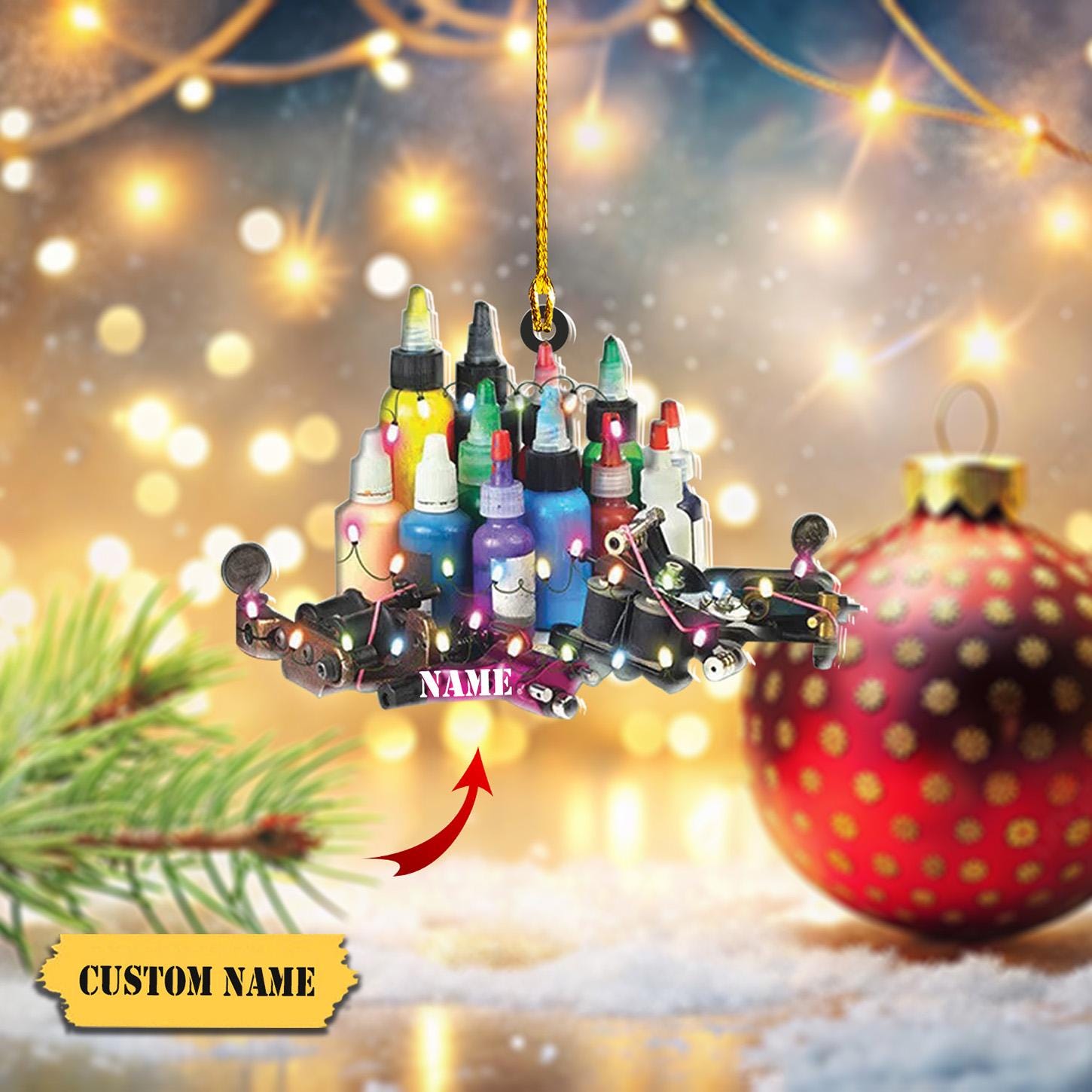 Personalized Tattoo Ink Ornament FLAT 2D, Christmas Ink and Machine Decor with Custom Name, Unique Holiday Gift for Tattoo Lovers HAOR0711